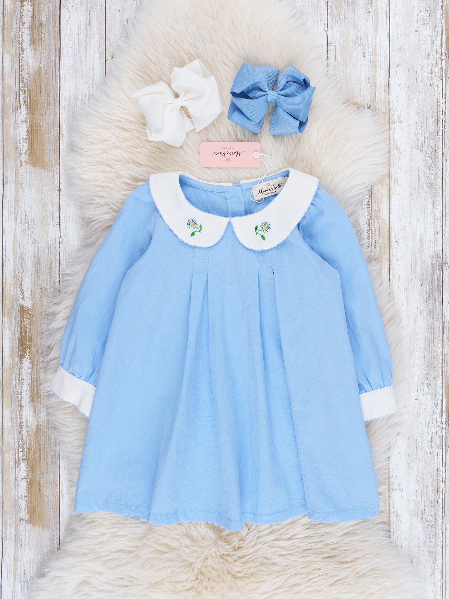 Blue Embroidered Blooms Dress - Marie Nicole Clothing