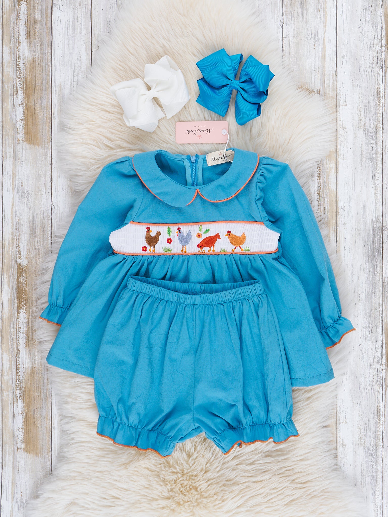 Turquoise Smocked Chicken Bloomers Outfit - Marie Nicole Clothing