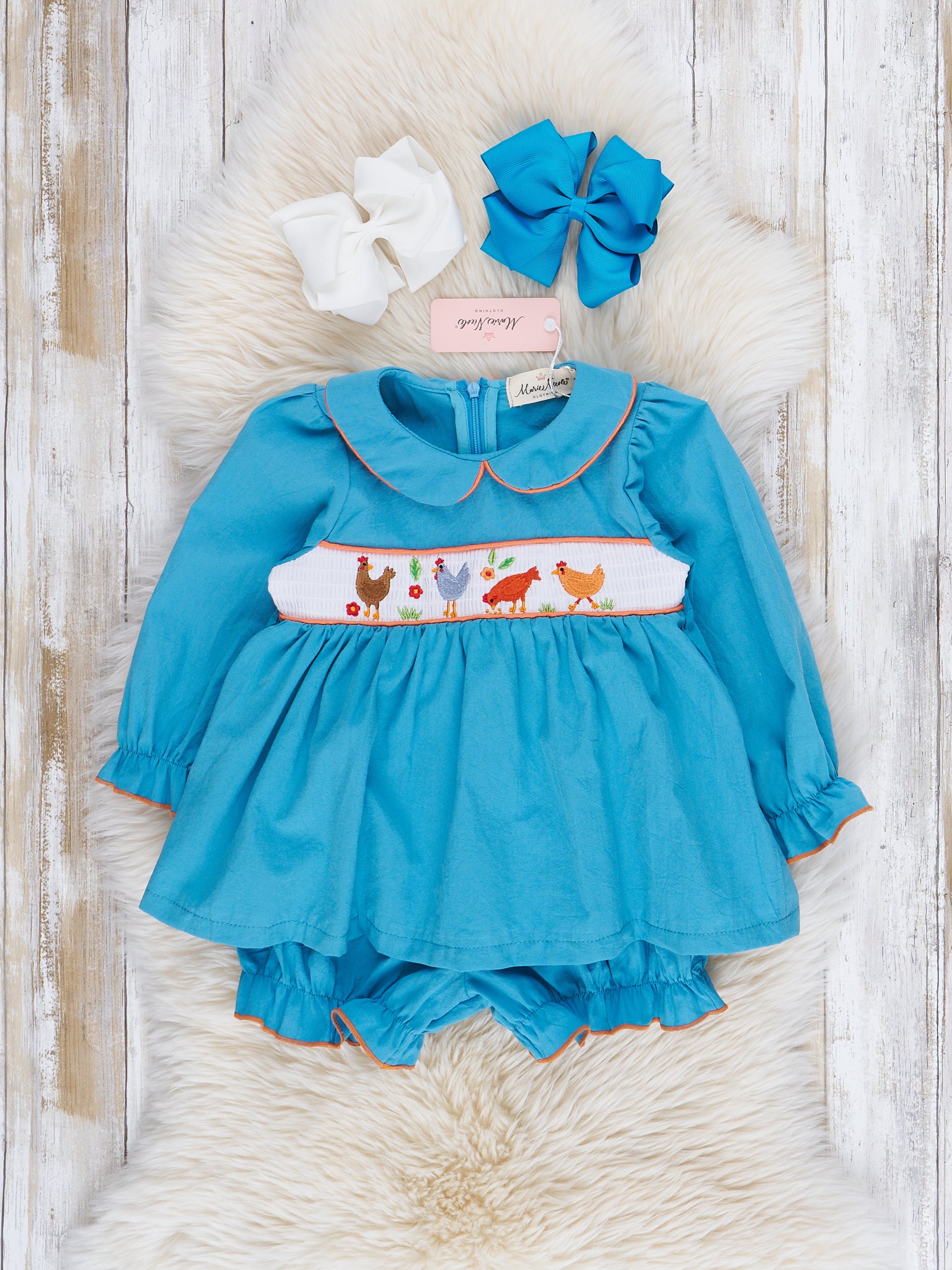 Turquoise Smocked Chicken Bloomers Outfit - Marie Nicole Clothing