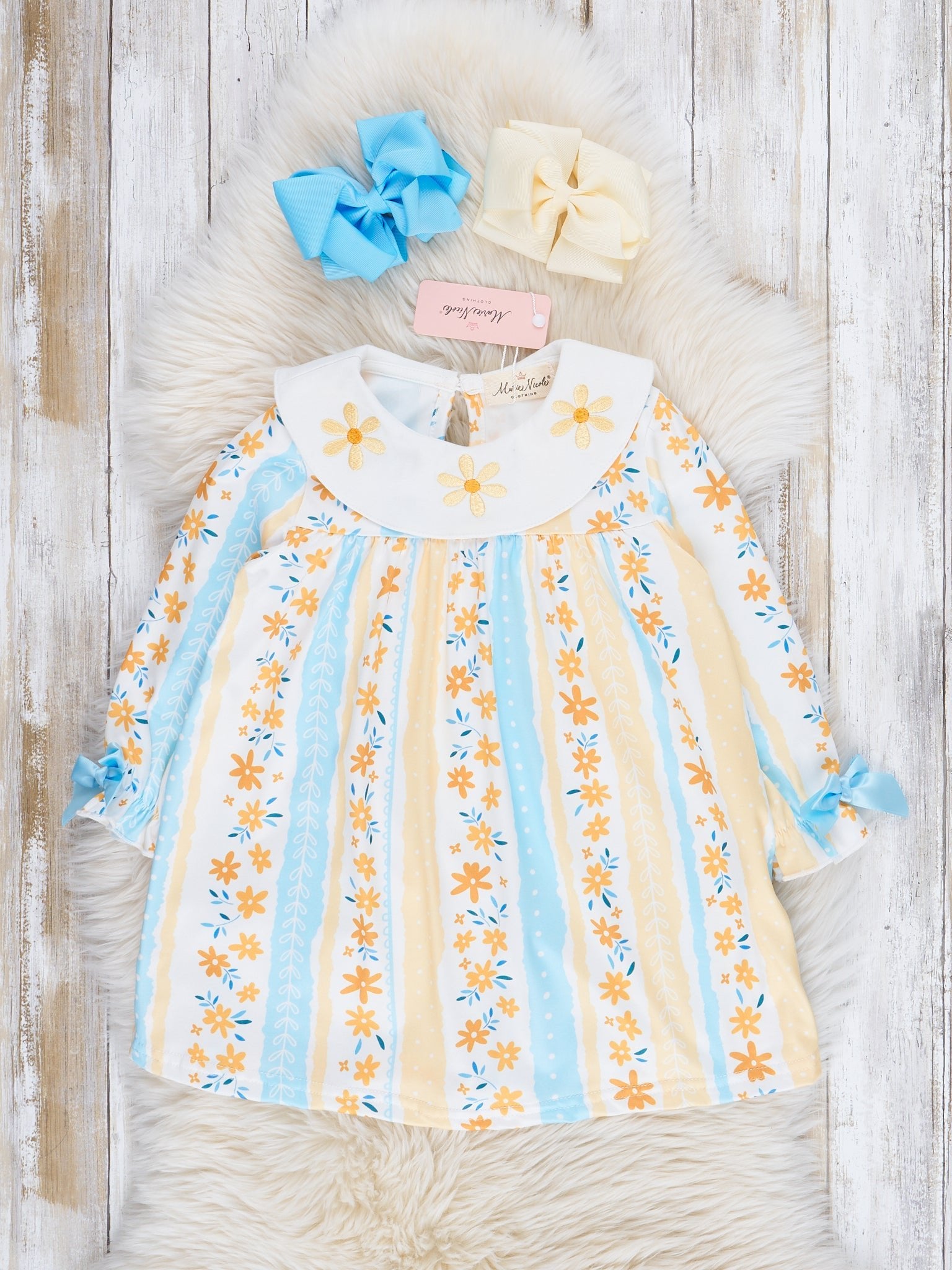 Yellow & Blue Floral Stripes Ruffle Dress - Marie Nicole Clothing