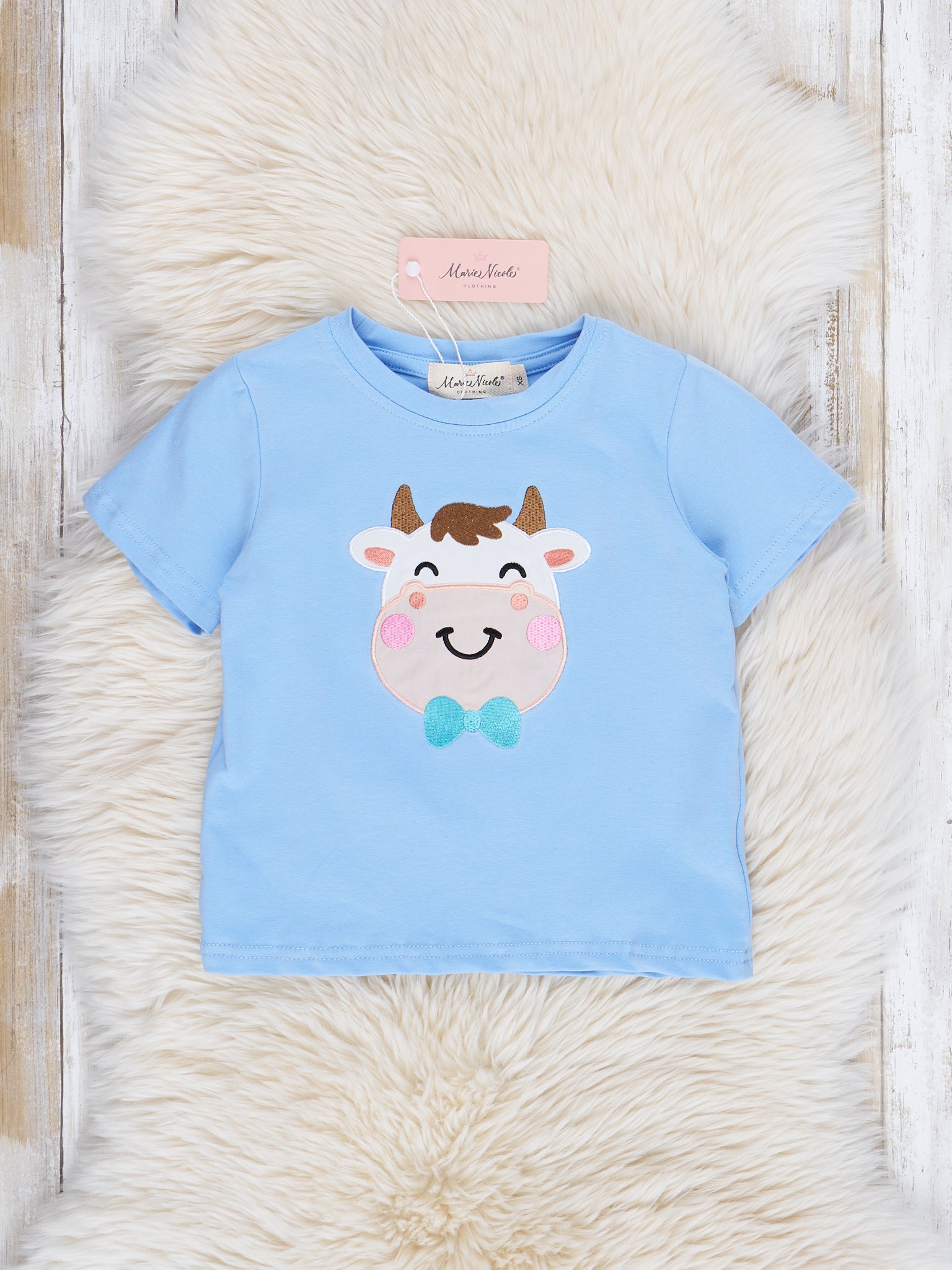 Light Blue Embroidered Sweet Cow Shirt - Marie Nicole Clothing