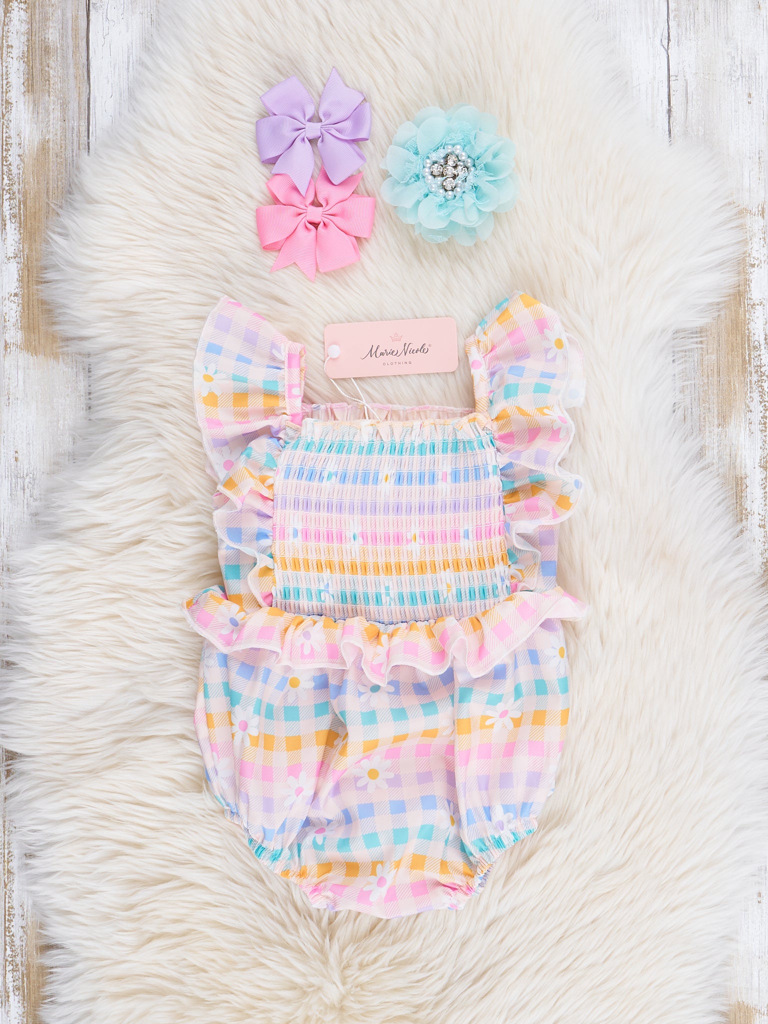 Smocked Rainbow Stripes & Blooms Ruffle Romper - Marie Nicole Clothing