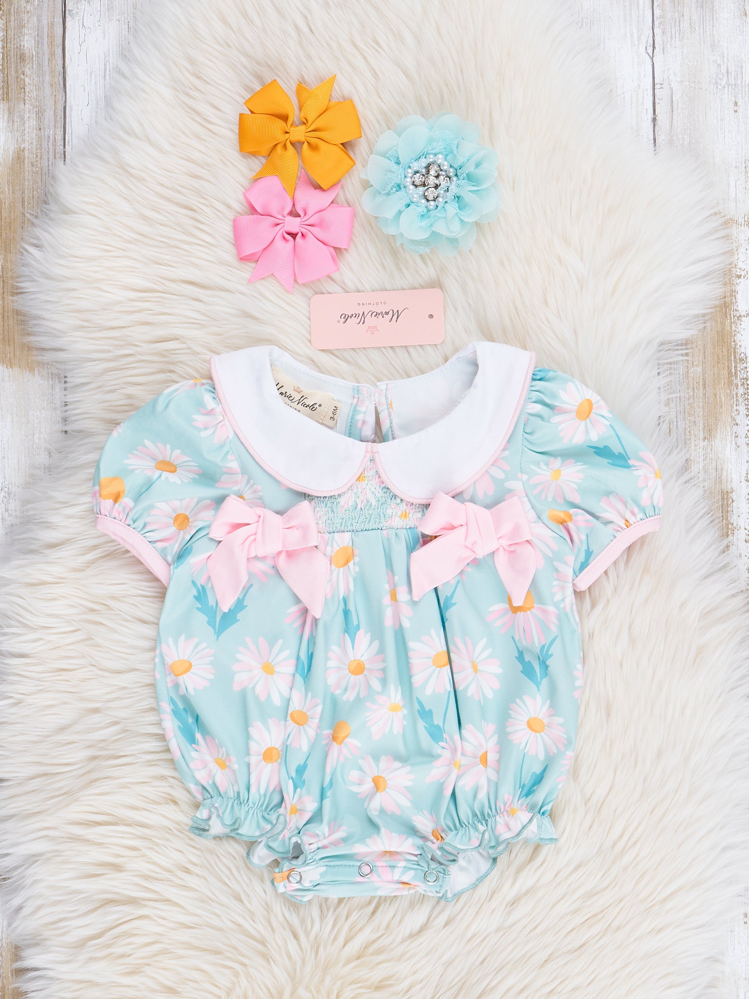 Sweet Green Daisies Ruffle Bubble Romper - Marie Nicole Clothing