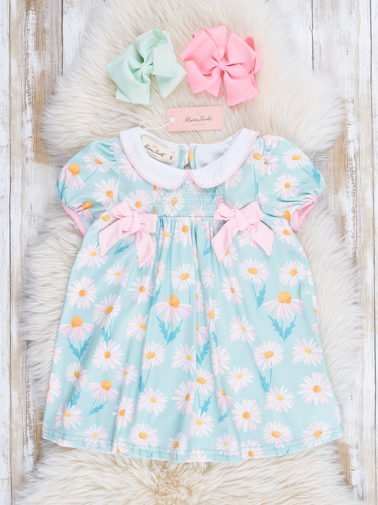 Sweet Green Daisies Ruffle Dress - Marie Nicole Clothing