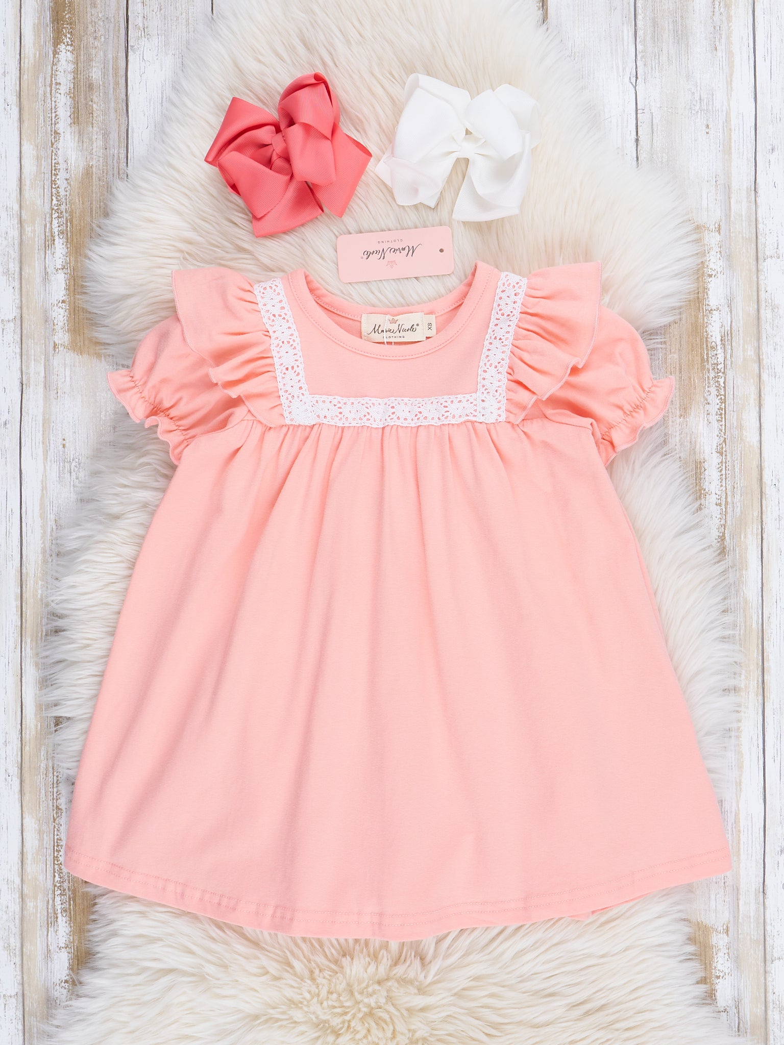 Peach Lace Trim Ruffle Dress - Marie Nicole Clothing