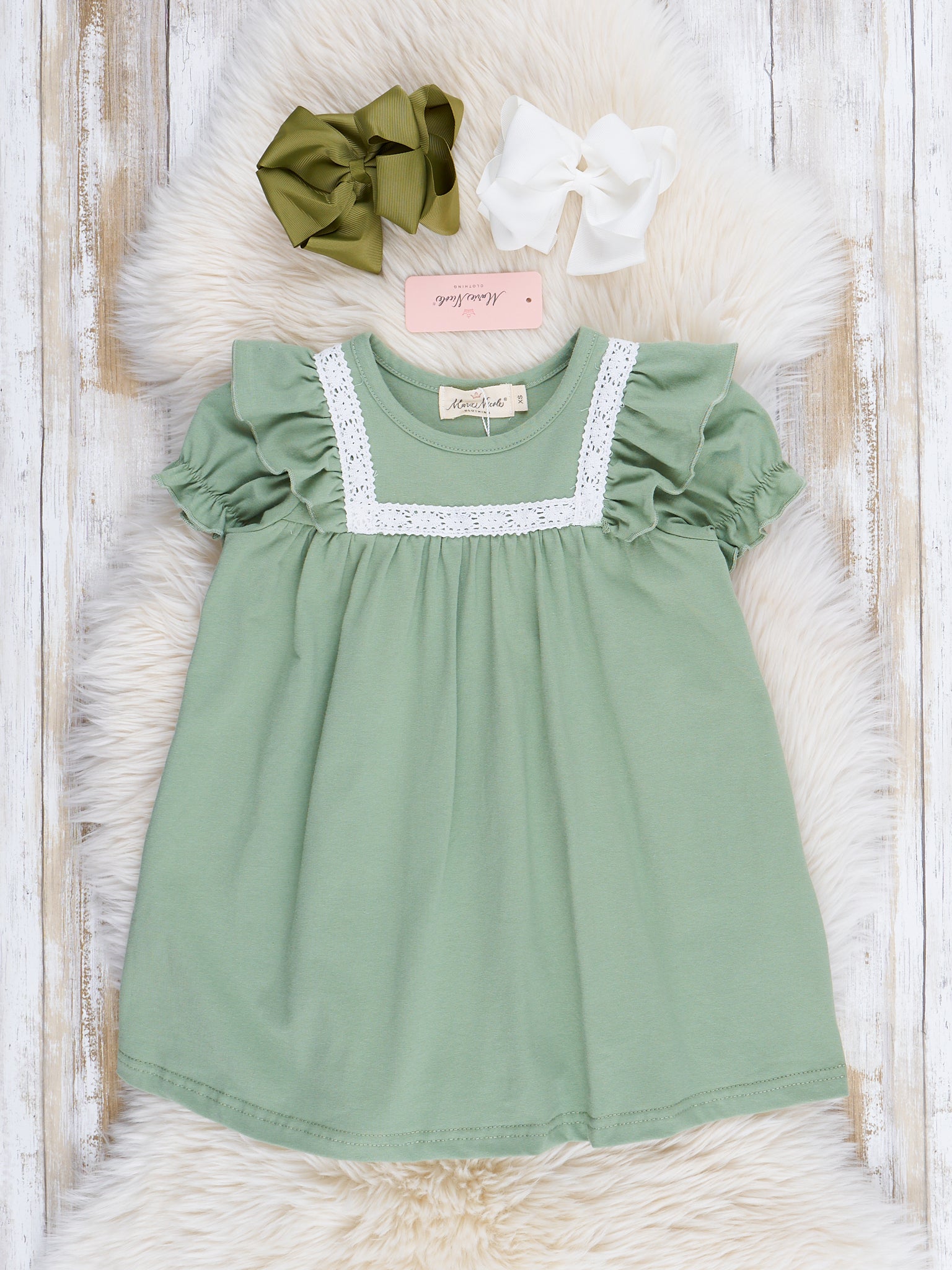 Sage Lace Trim Ruffle Dress - Marie Nicole Clothing