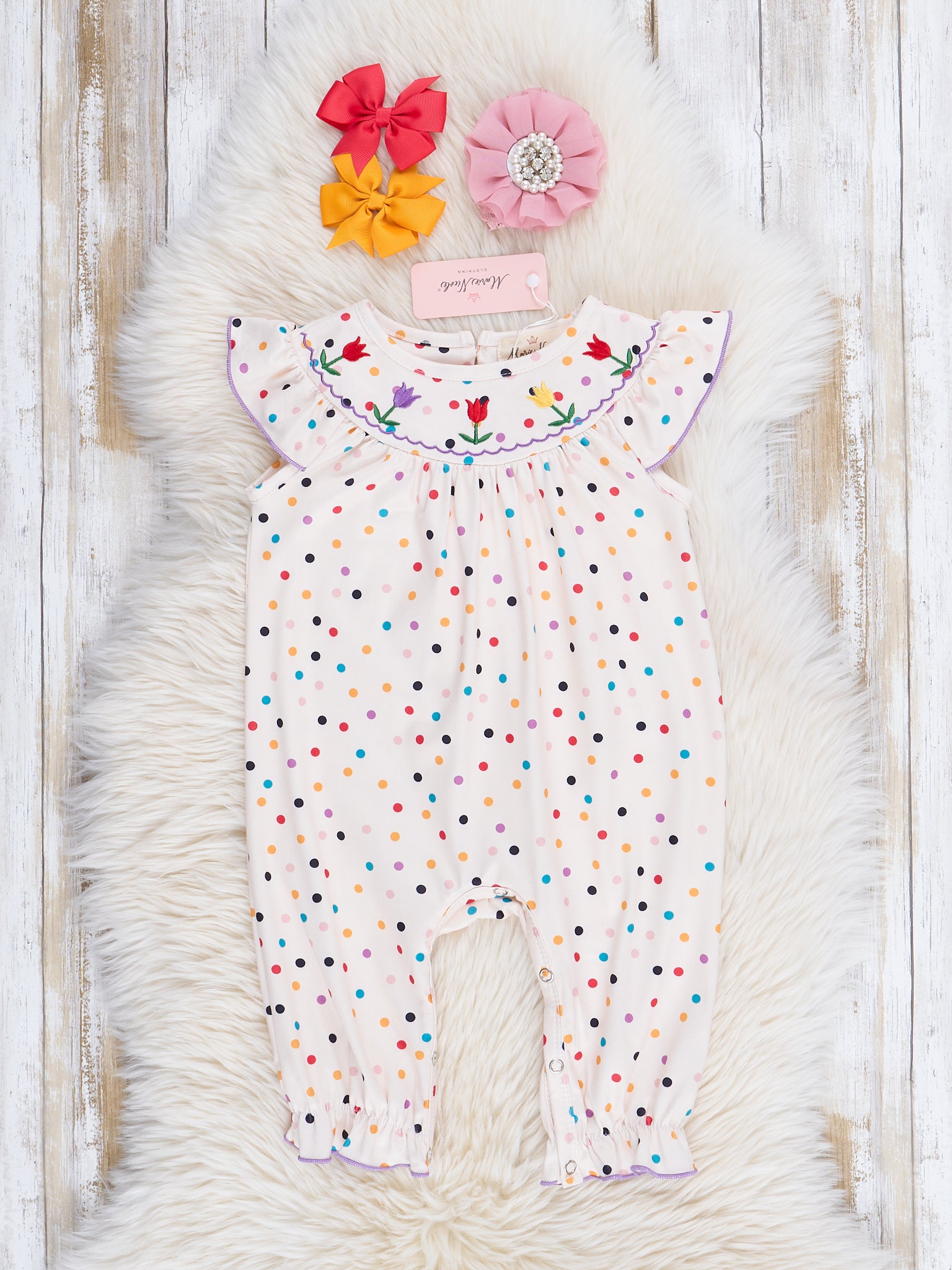 Smocked Rainbow Blooms Ruffle Romper - Marie Nicole Clothing