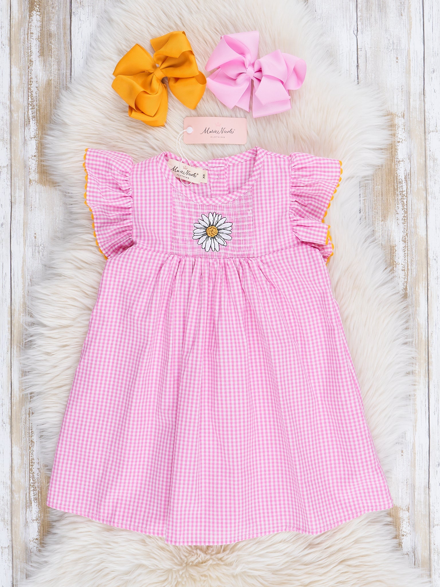 Pink Gingham Daisy Ruffle Dress - Marie Nicole Clothing
