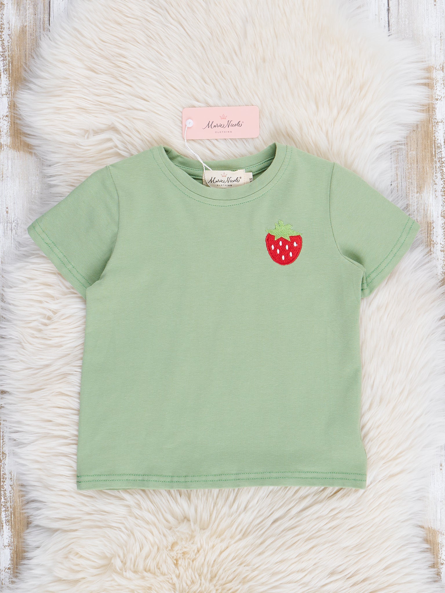 Green Embroidered Strawberries Shirt - Marie Nicole Clothing