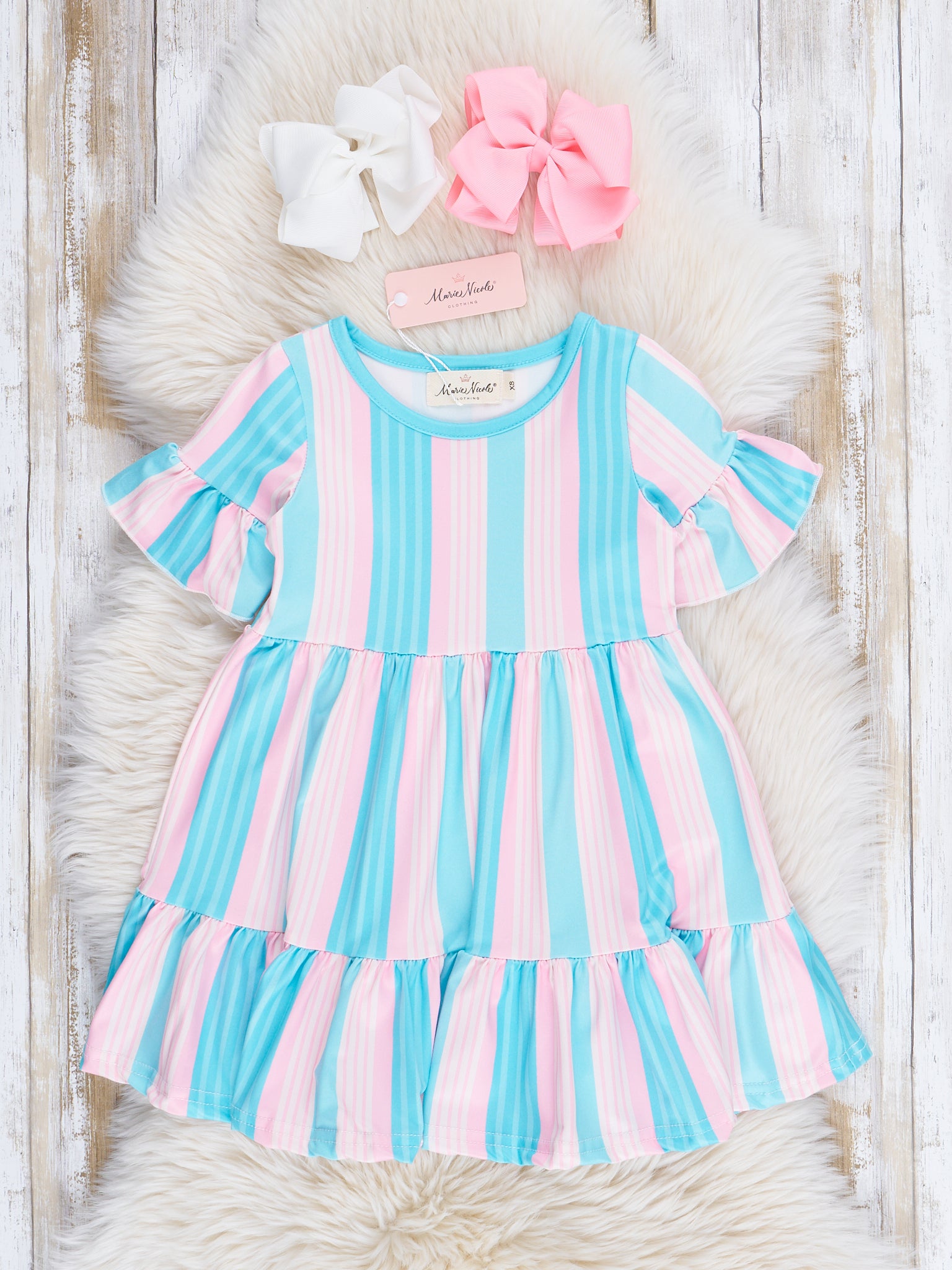Mom & Me Teal Stripes Tiered Ruffle Dress - Marie Nicole Clothing