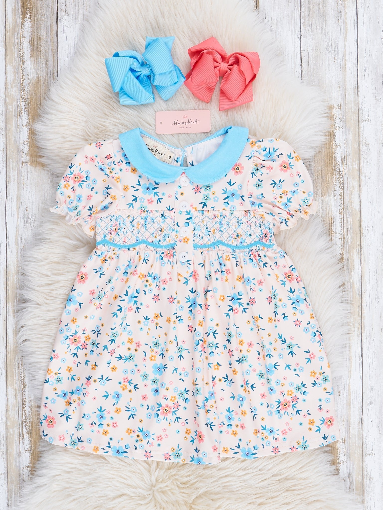 Blue Wildflowers Smocked Dress - Marie Nicole Clothing
