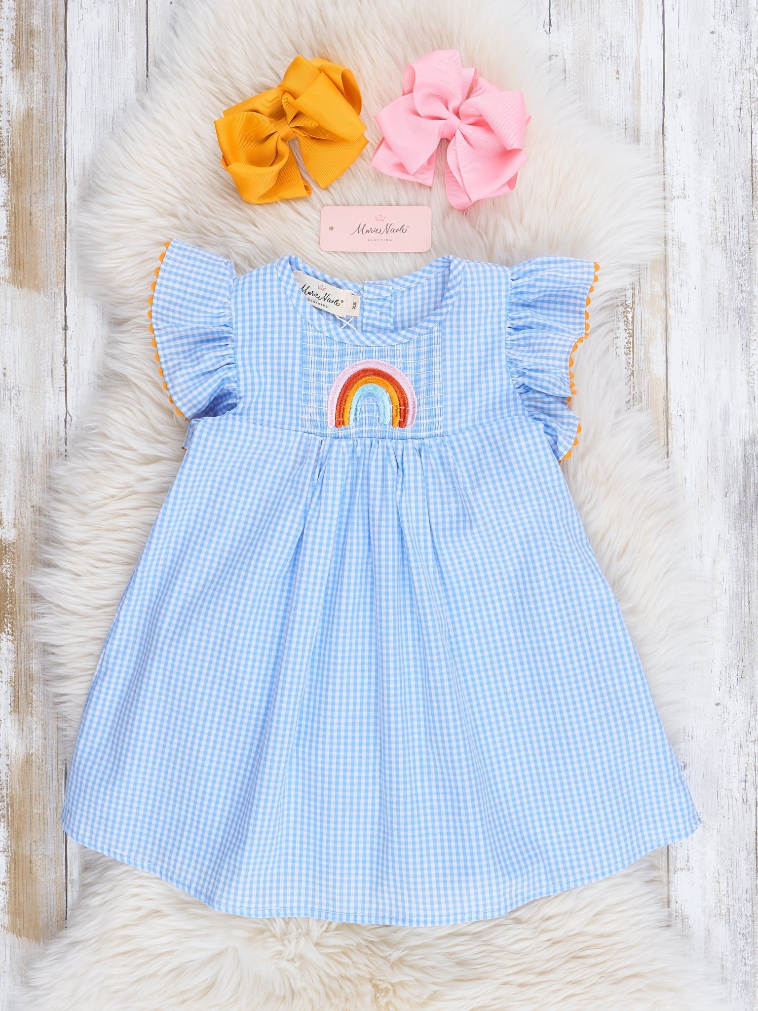 Blue Gingham Rainbow Ruffle Dress - Marie Nicole Clothing