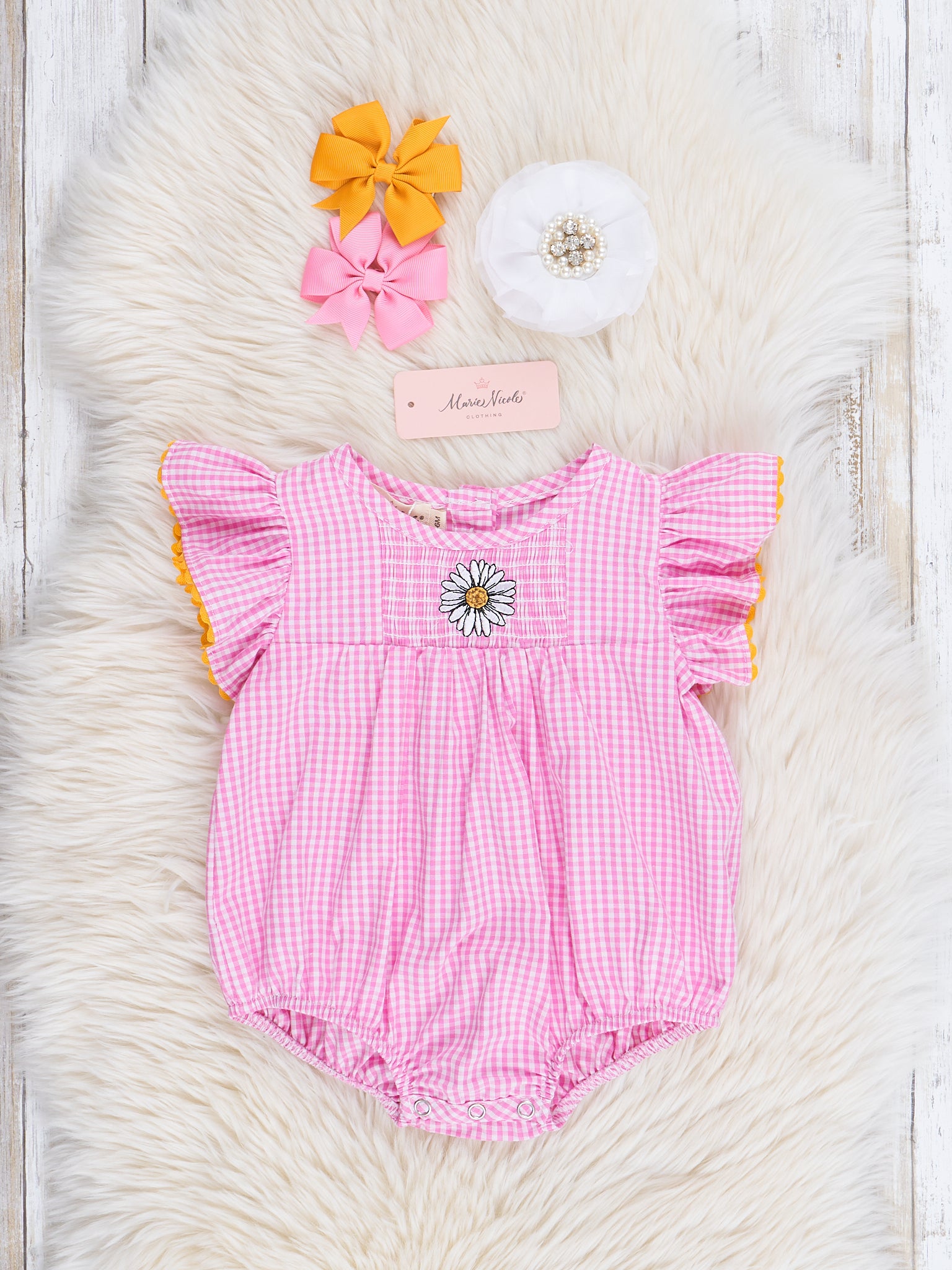 Pink Gingham Daisy Ruffle Bubble Romper - Marie Nicole Clothing