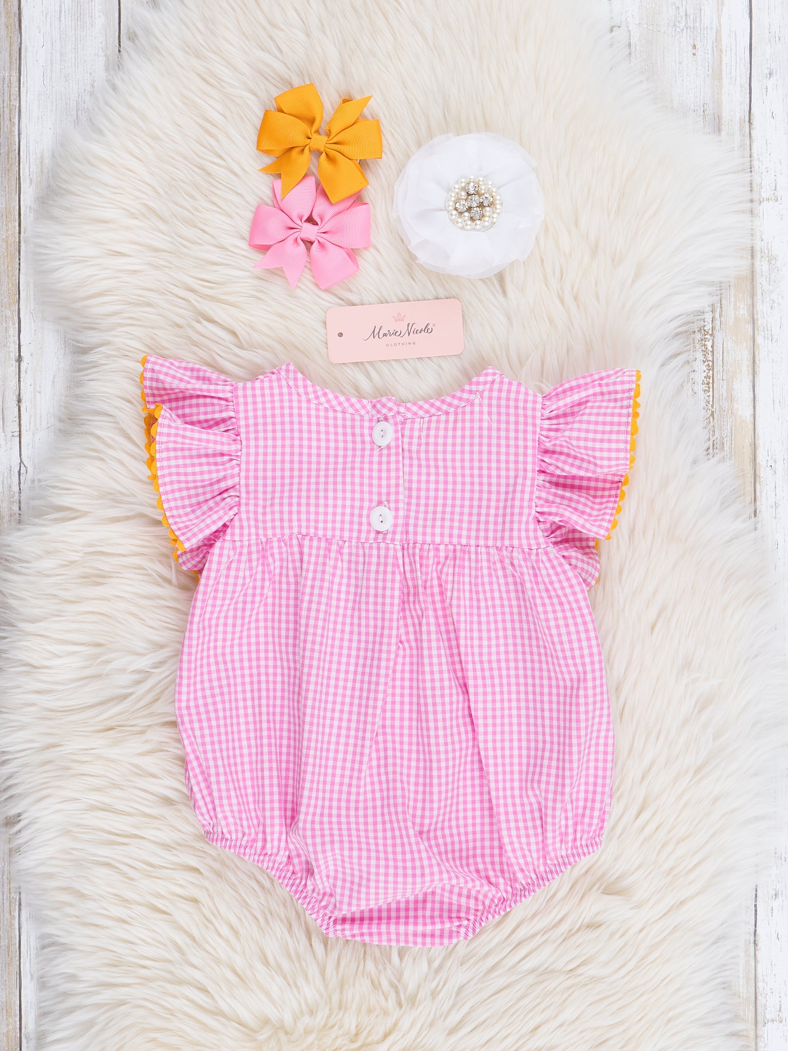 Pink Gingham Daisy Ruffle Bubble Romper - Marie Nicole Clothing