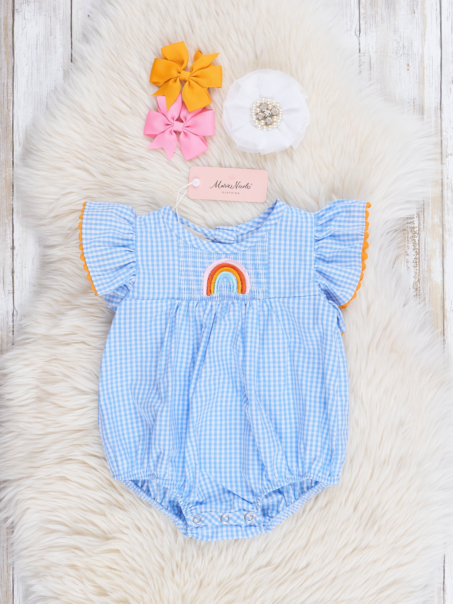 Blue Gingham Rainbow Ruffle Bubble Romper - Marie Nicole Clothing