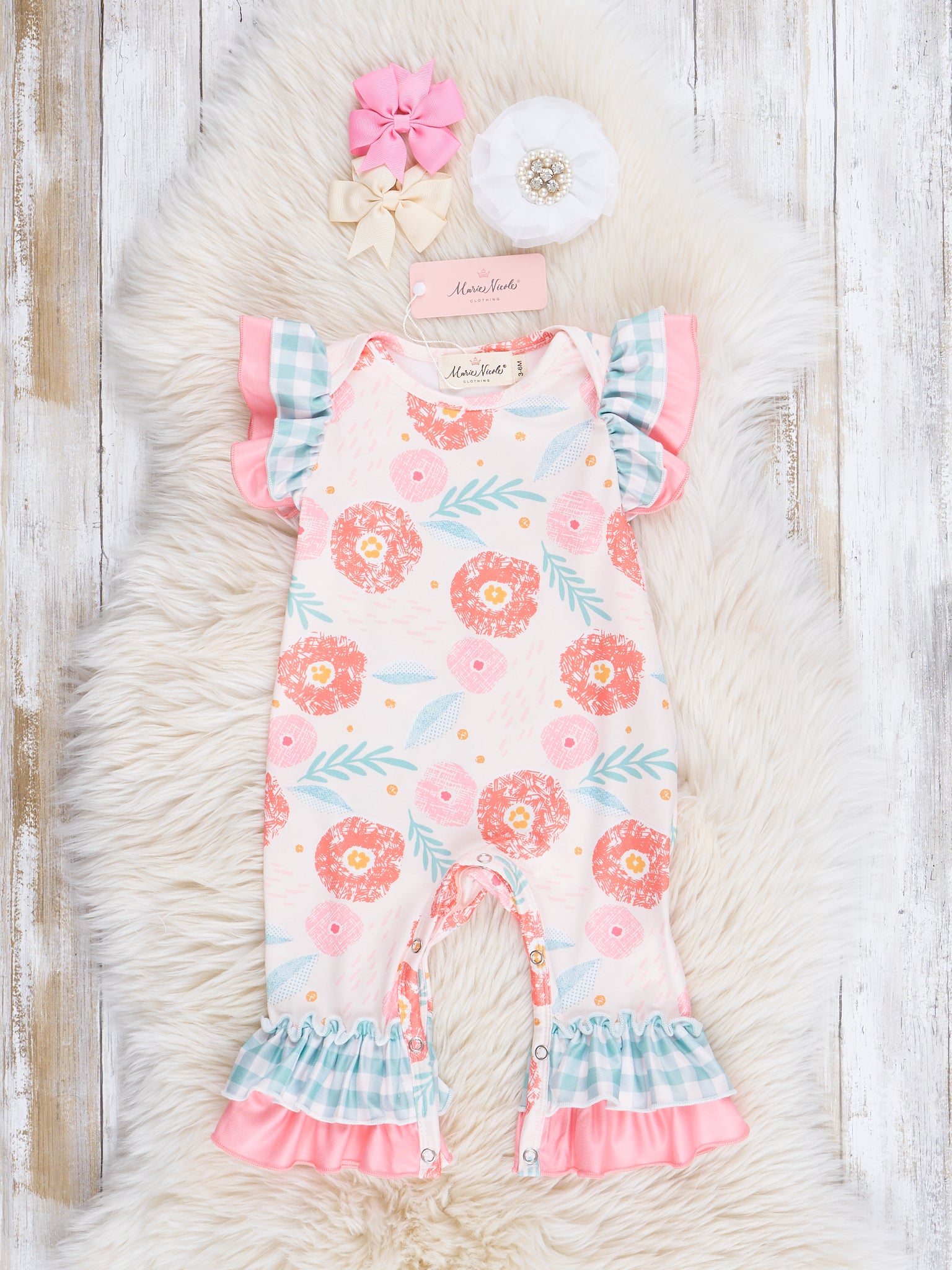 Pink & Teal Gingham Blooms Ruffle Romper - Marie Nicole Clothing