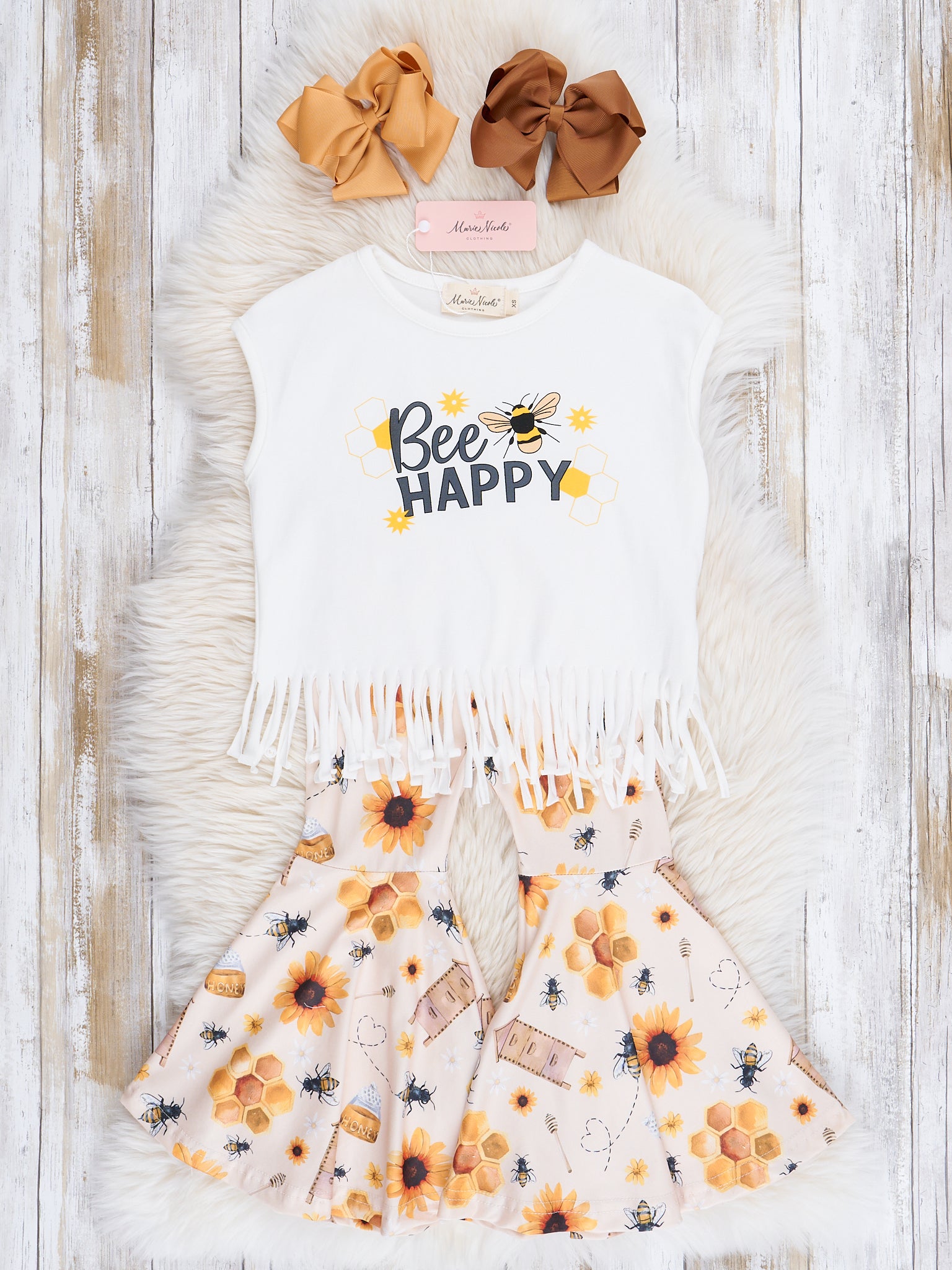 "Bee Happy" Sunflower Fringe Bell Bottoms Outfit - Marie Nicole Clothing