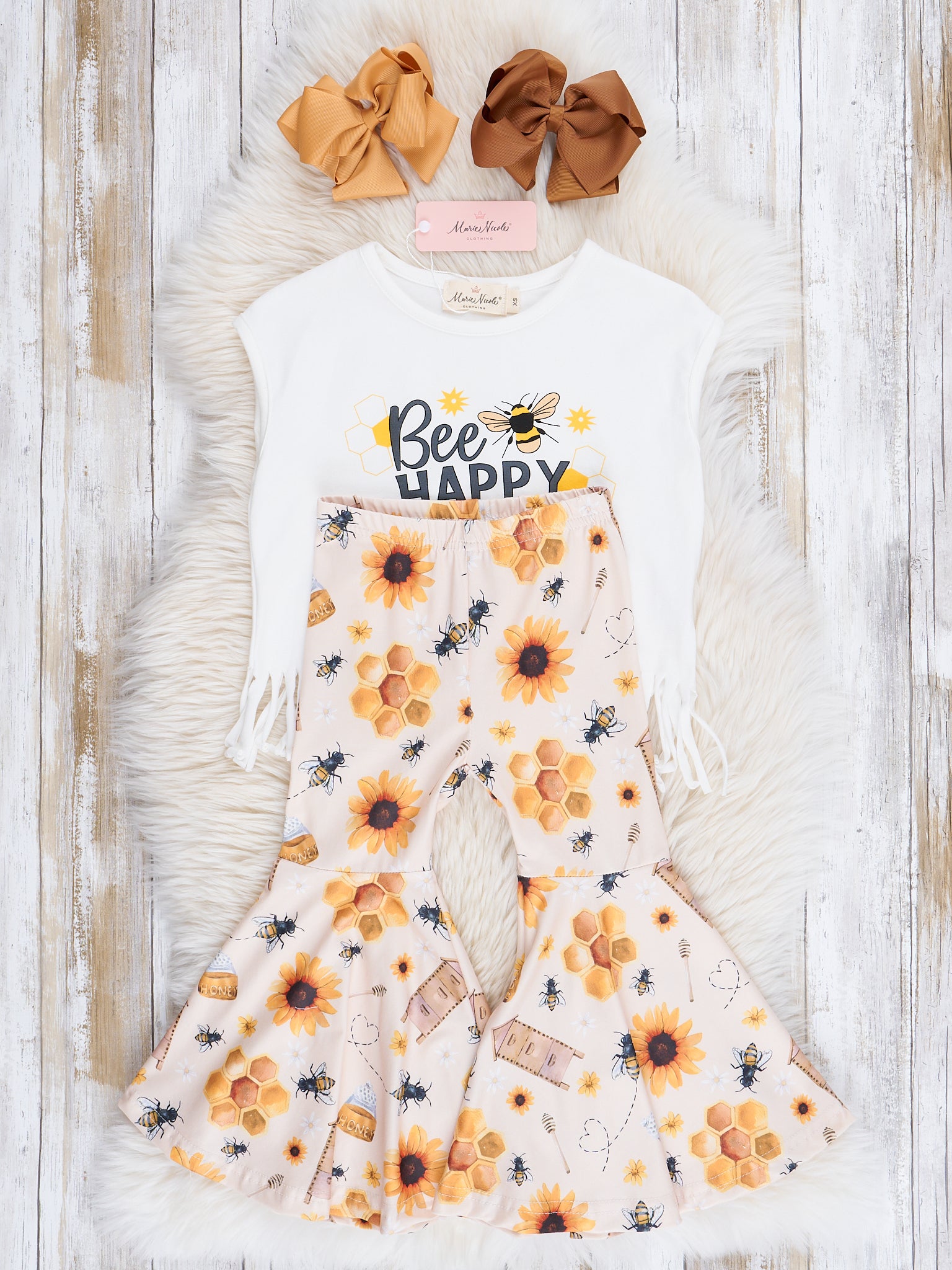 "Bee Happy" Sunflower Fringe Bell Bottoms Outfit - Marie Nicole Clothing