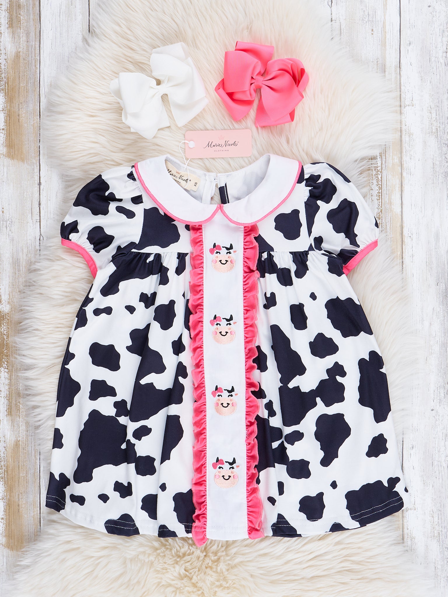 Pink Trim Cow Time Ruffle Dress - Marie Nicole Clothing