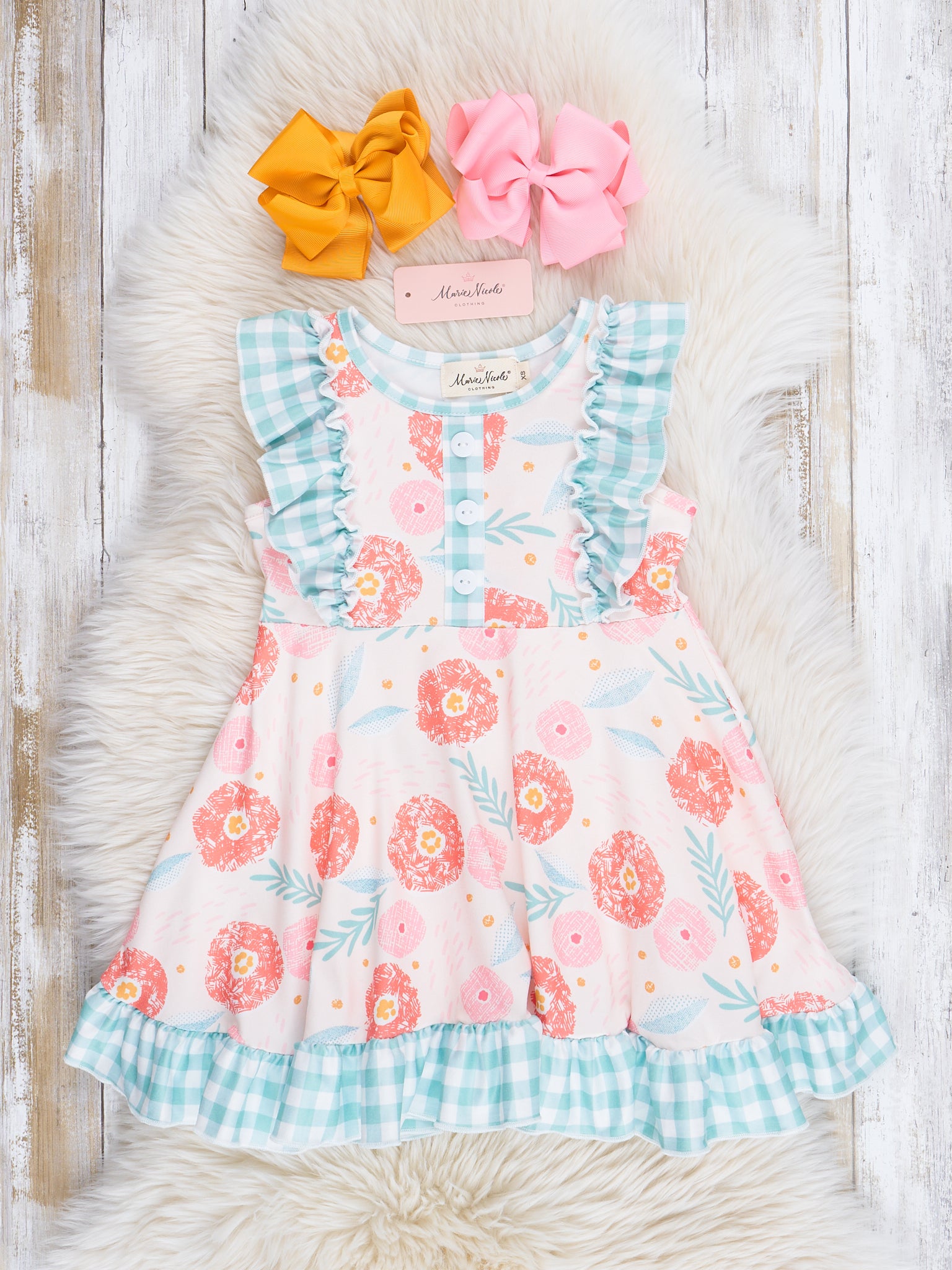 Pink & Teal Gingham Blooms Ruffle Dress - Marie Nicole Clothing