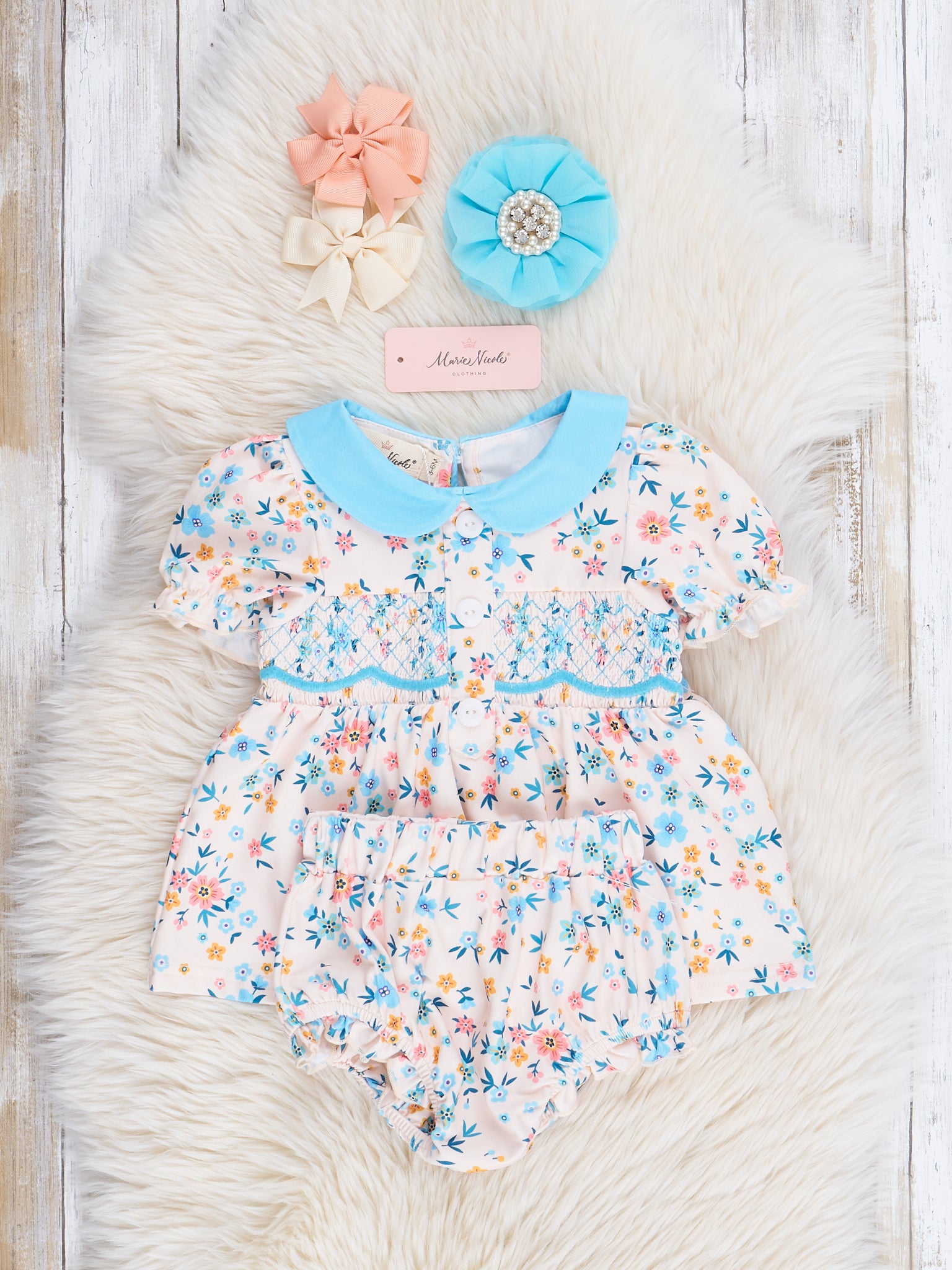 Blue Wildflowers Smocked Bloomers Outfit - Marie Nicole Clothing