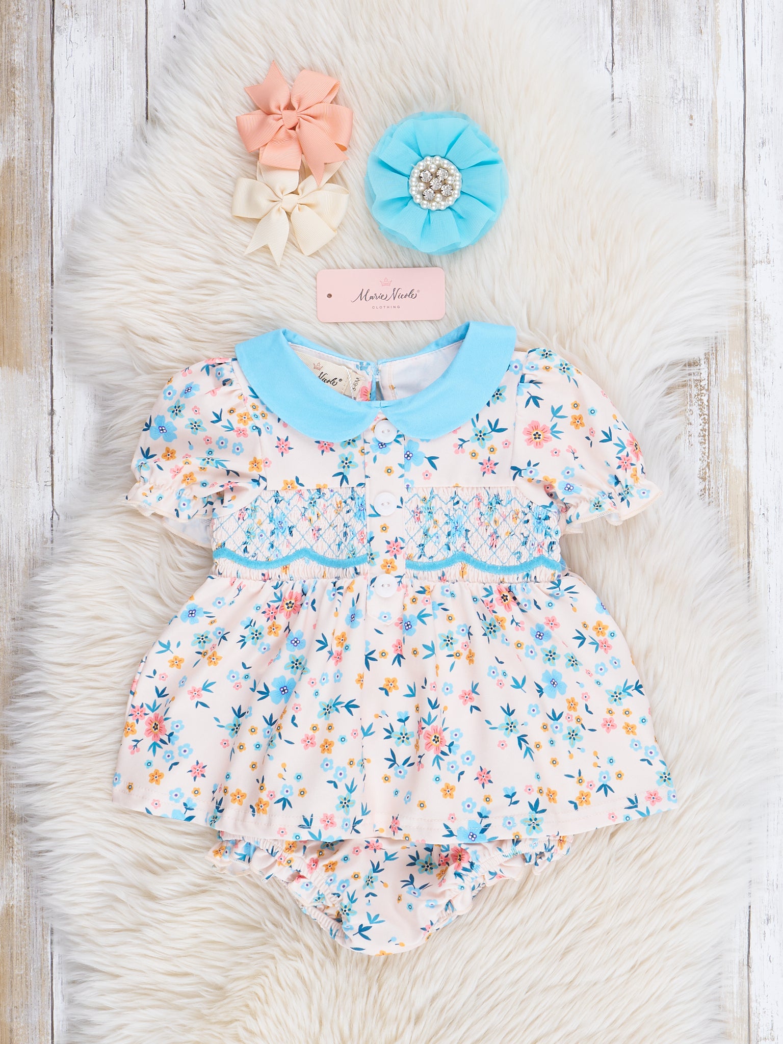 Blue Wildflowers Smocked Bloomers Outfit - Marie Nicole Clothing