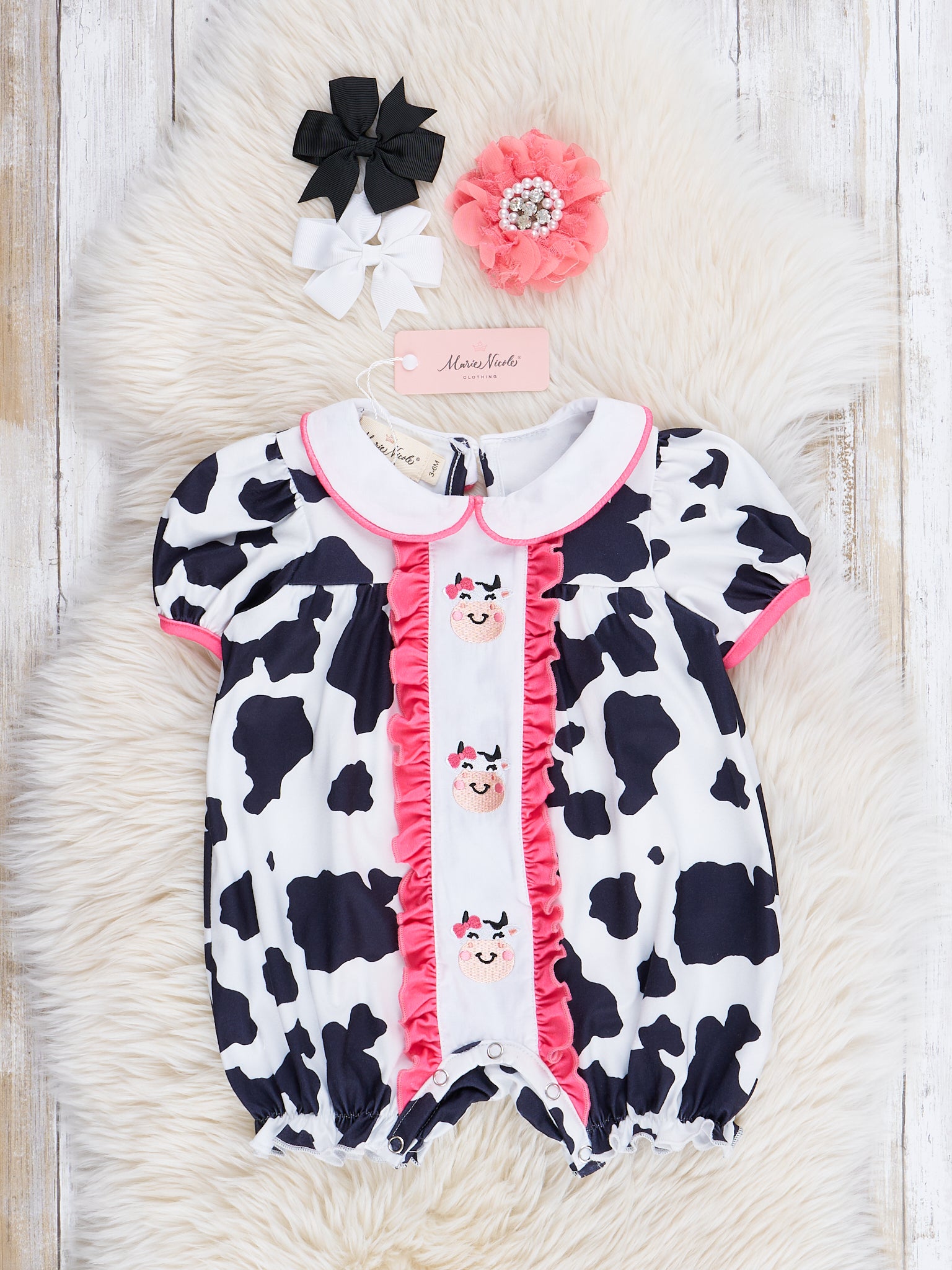 Pink Trim Cow Time Ruffle Romper - Marie Nicole Clothing