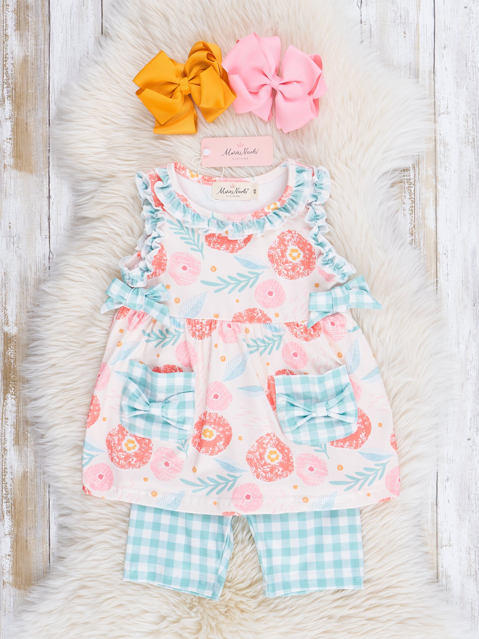 Pink & Teal Gingham Blooms Ruffle Outfit - Marie Nicole Clothing