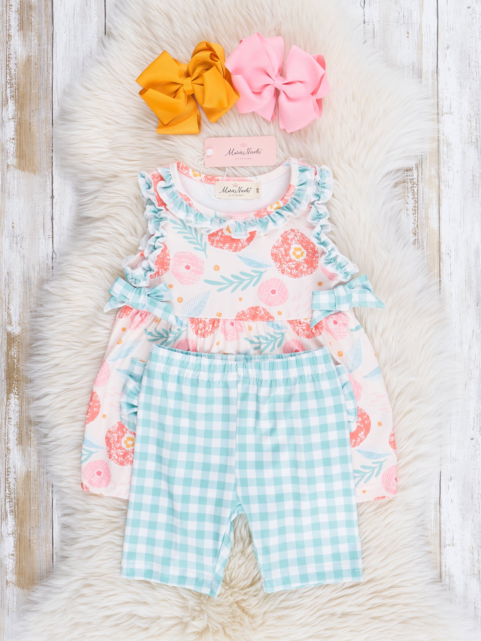 Pink & Teal Gingham Blooms Ruffle Outfit - Marie Nicole Clothing