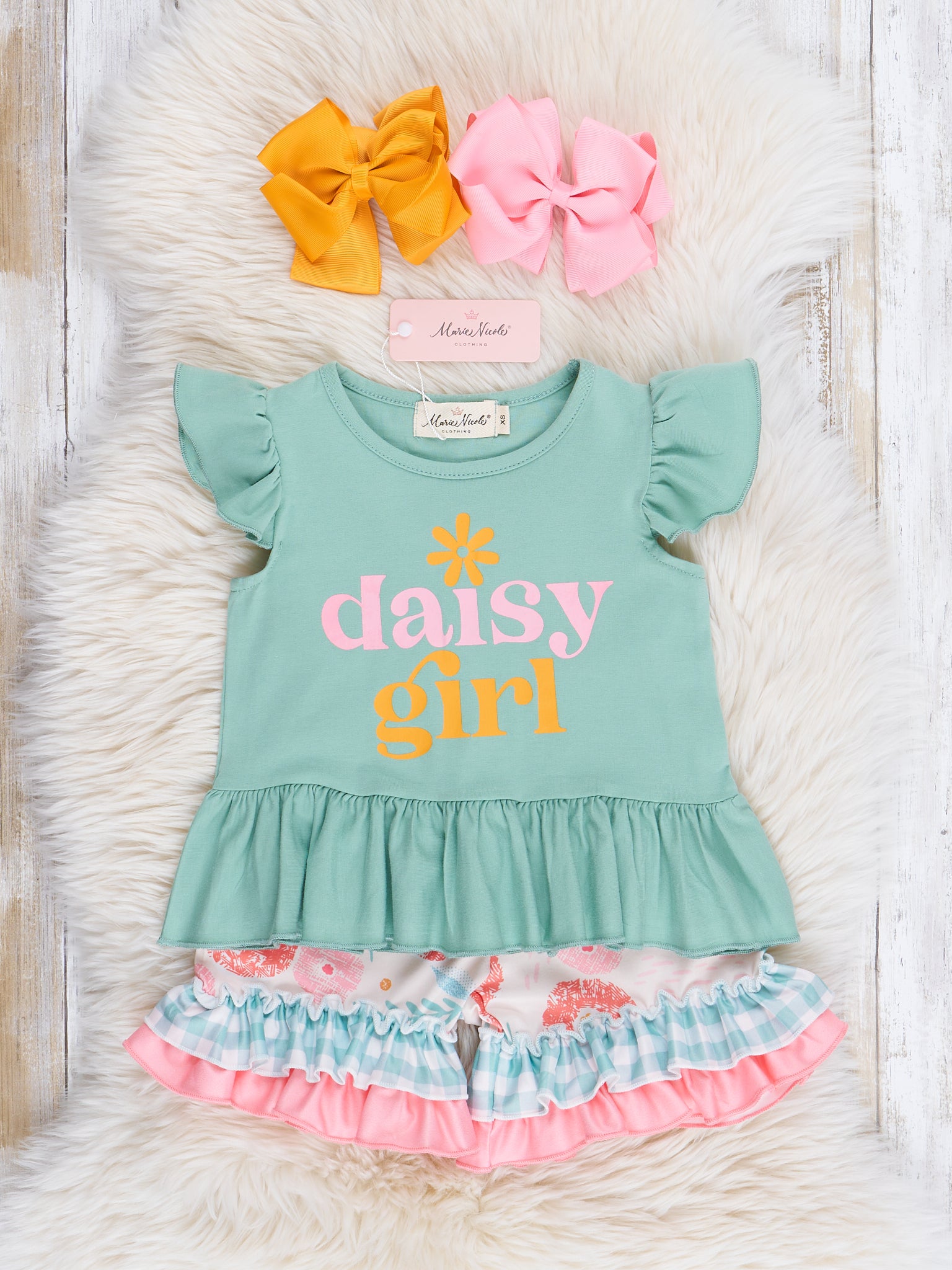 "Daisy Girl" Gingham Blooms Ruffle Outfit - Marie Nicole Clothing