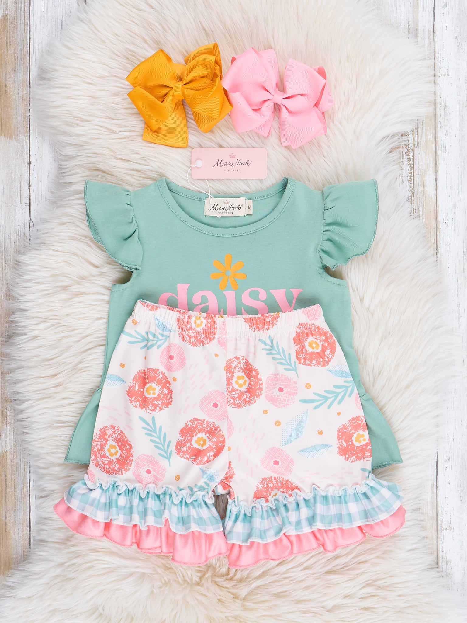 "Daisy Girl" Gingham Blooms Ruffle Outfit - Marie Nicole Clothing