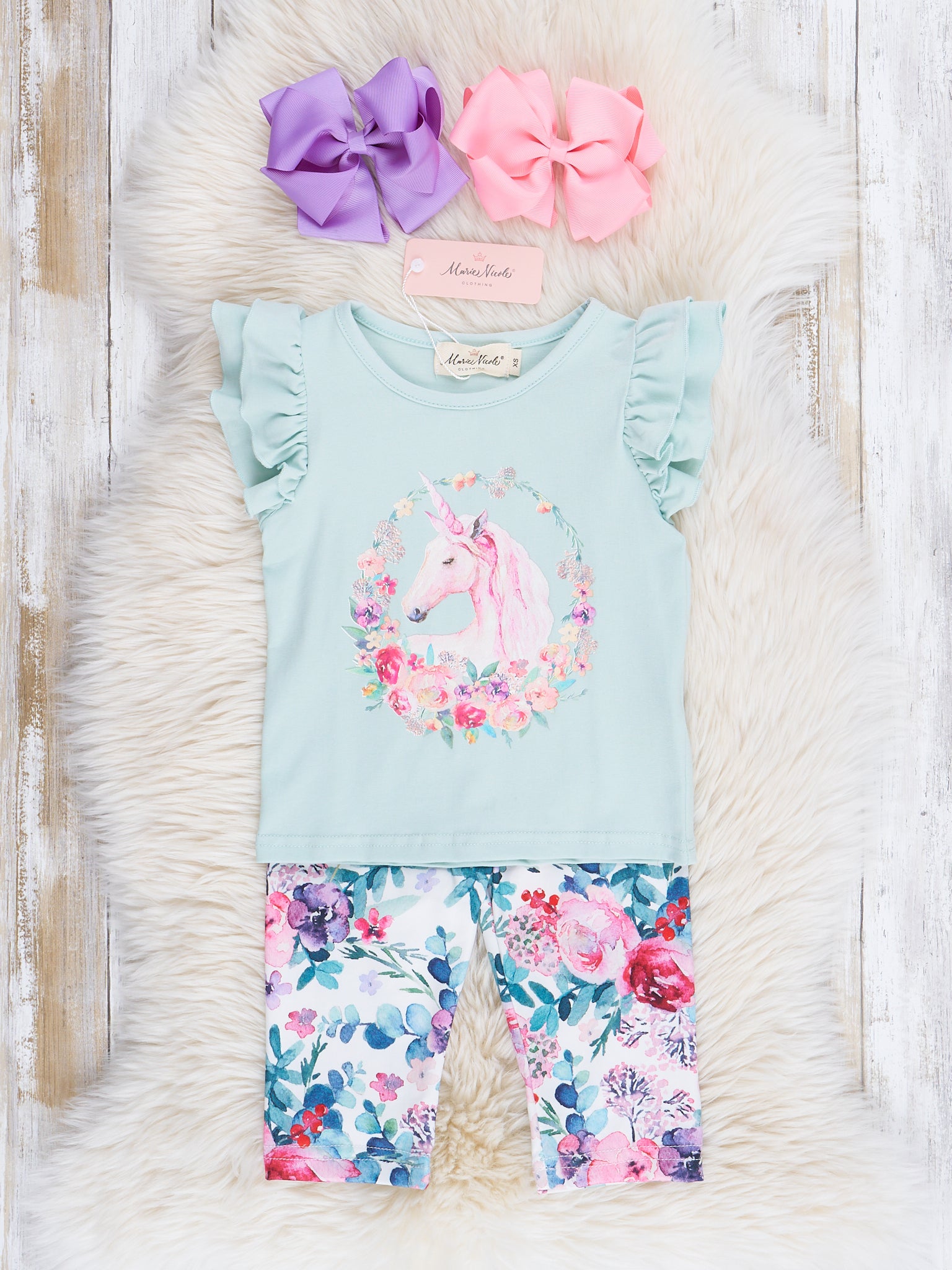 Soft Teal Blooming Unicorn Ruffle Outfit - Marie Nicole Clothing