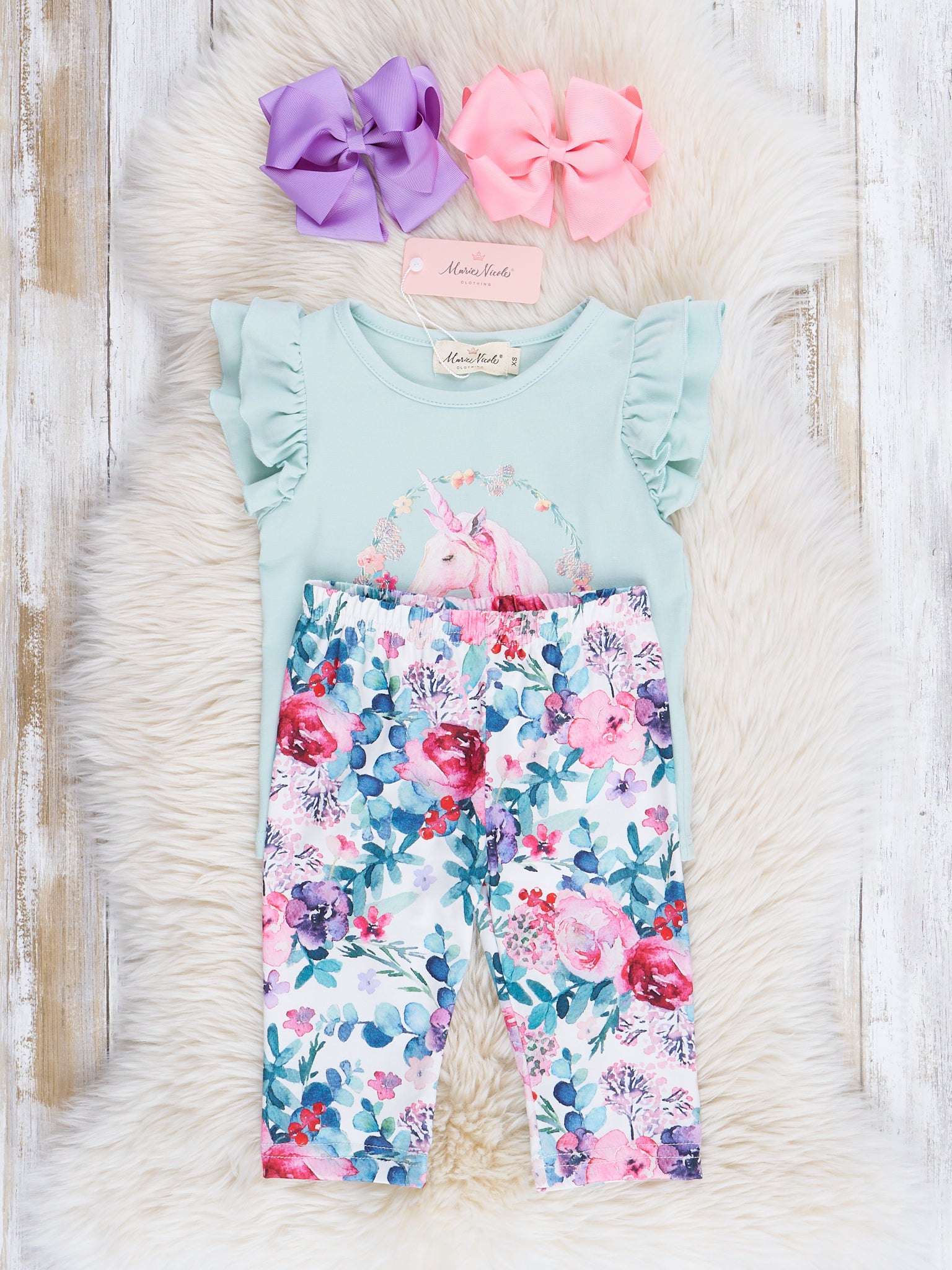 Soft Teal Blooming Unicorn Ruffle Outfit - Marie Nicole Clothing