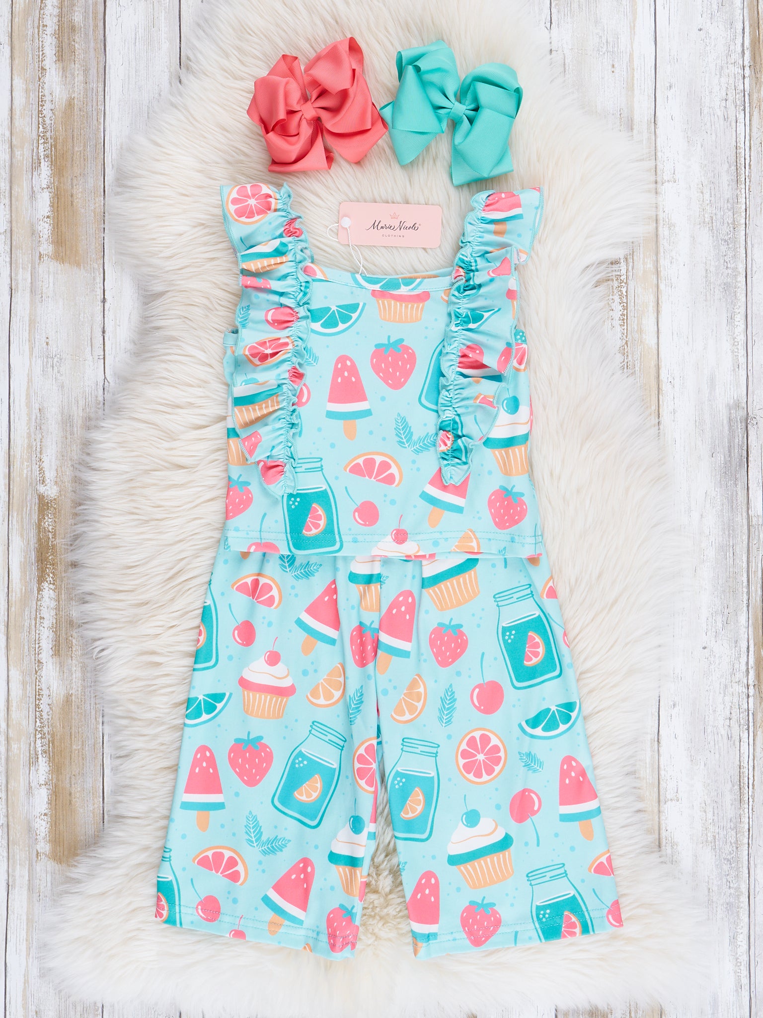 Teal Summer Treats Ruffle Outfit - Marie Nicole Clothing