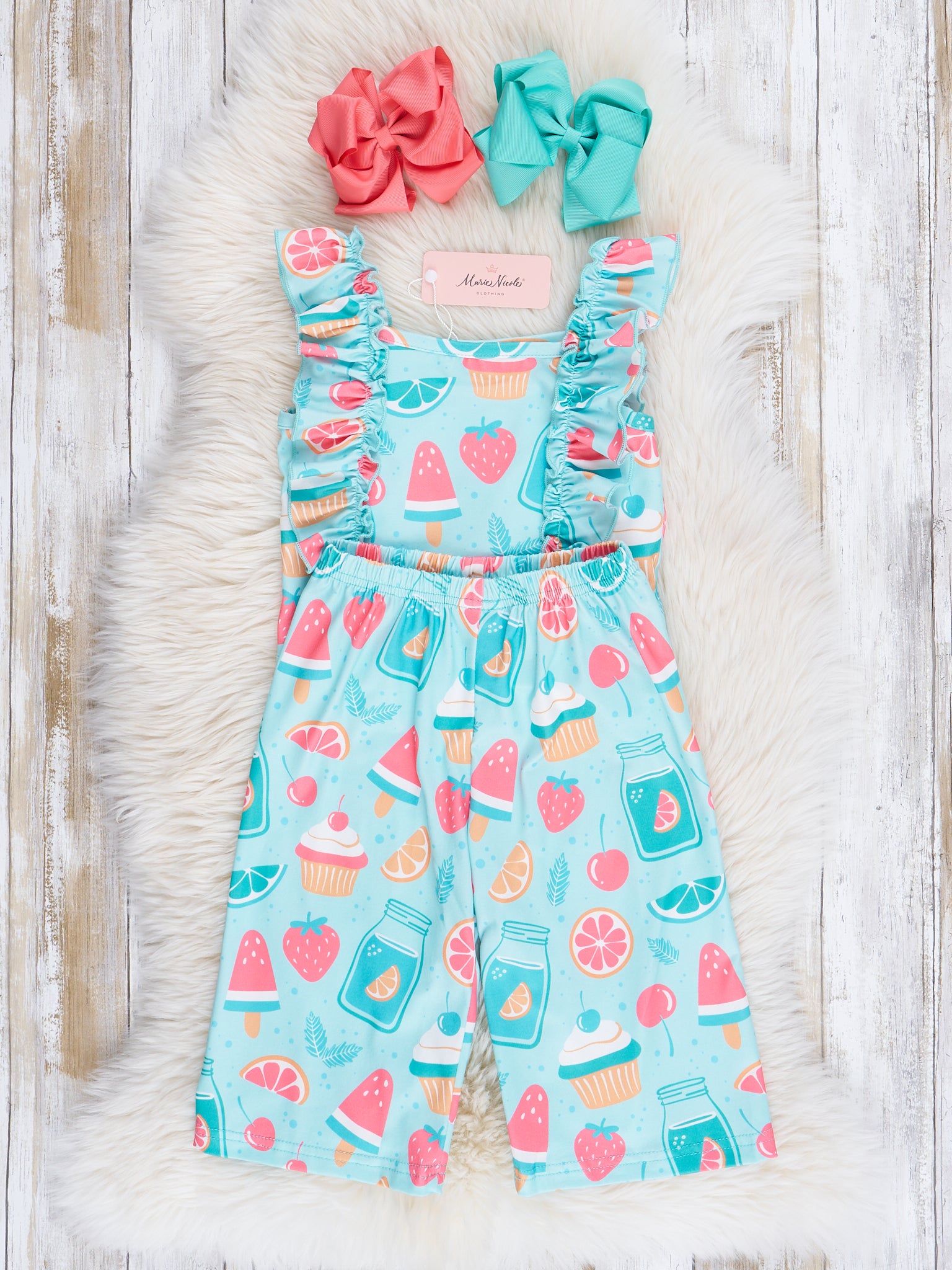 Teal Summer Treats Ruffle Outfit - Marie Nicole Clothing