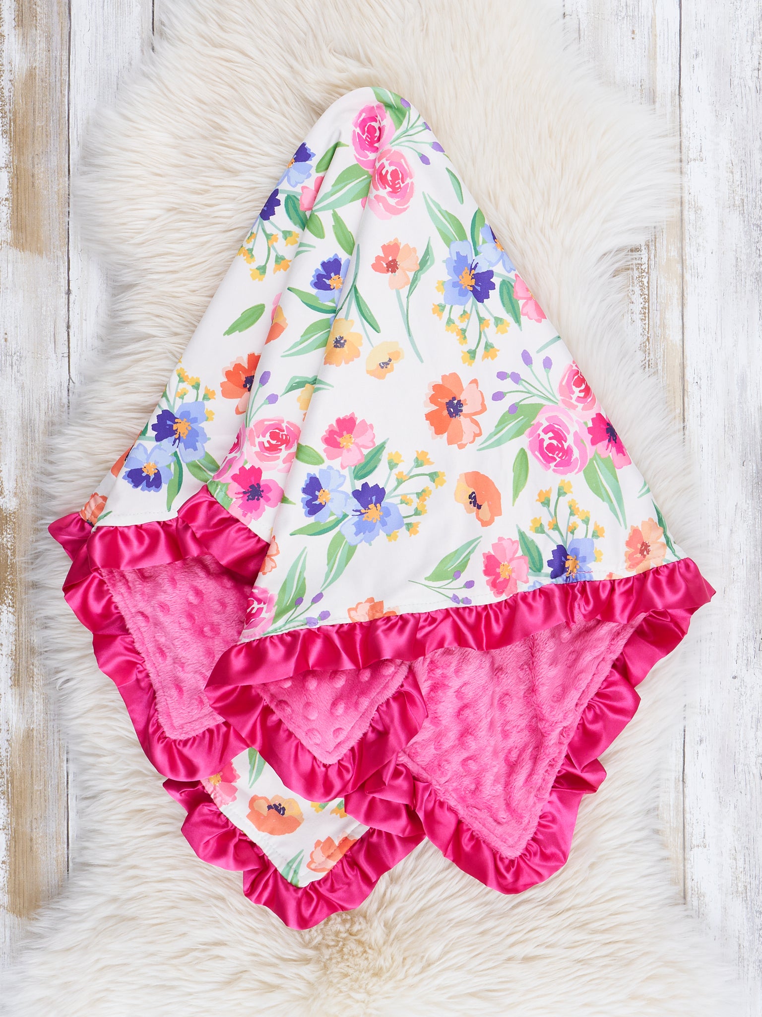 Magenta Watercolor Bouquets Ruffle Minky Blanket - Marie Nicole Clothing