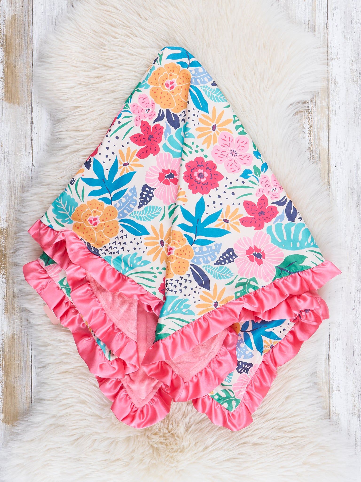 Fuchsia Tropical Blossoms Ruffle Minky Blanket - Marie Nicole Clothing