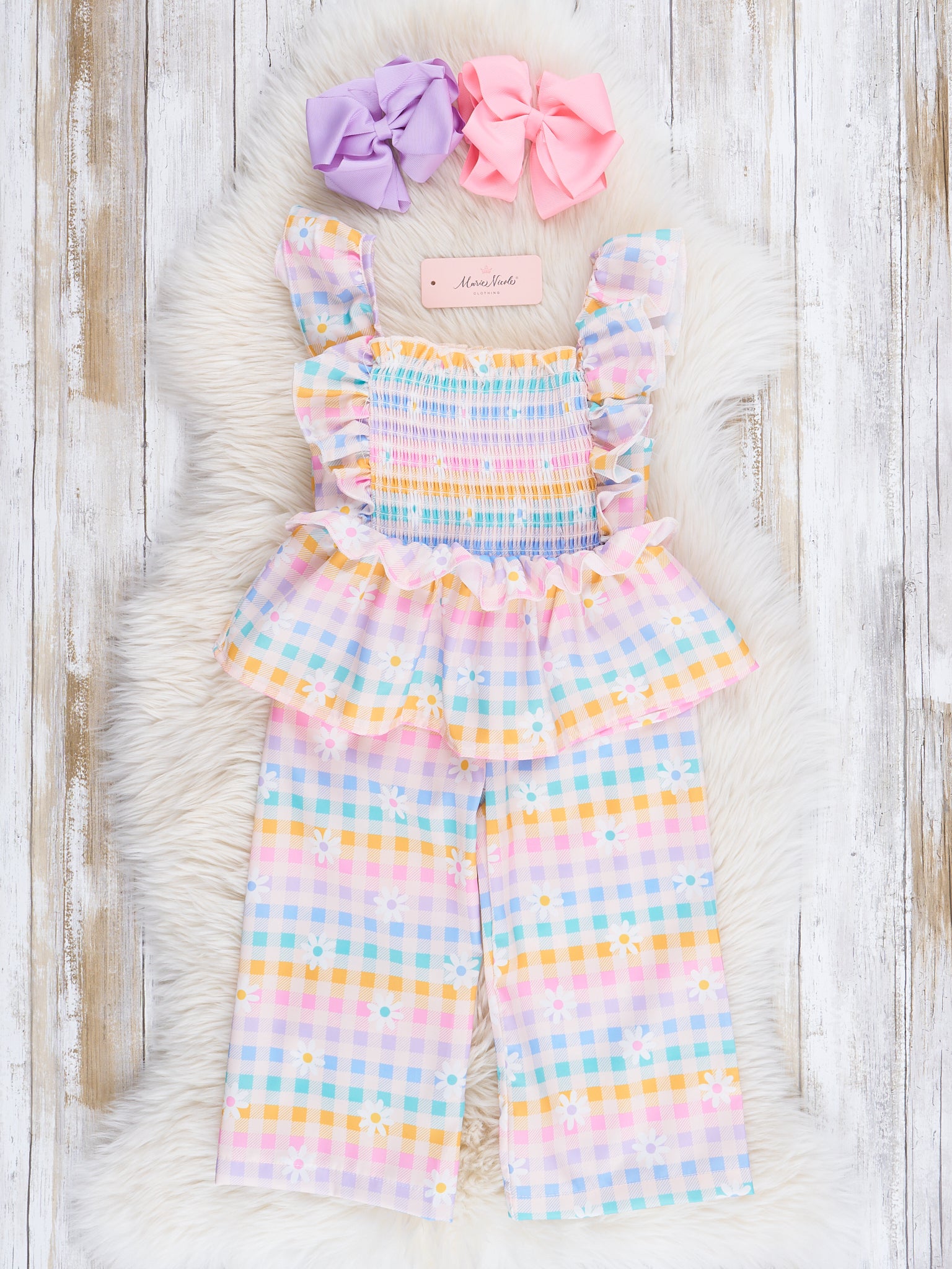 Smocked Rainbow Stripes & Blooms Ruffle Outfit - Marie Nicole Clothing
