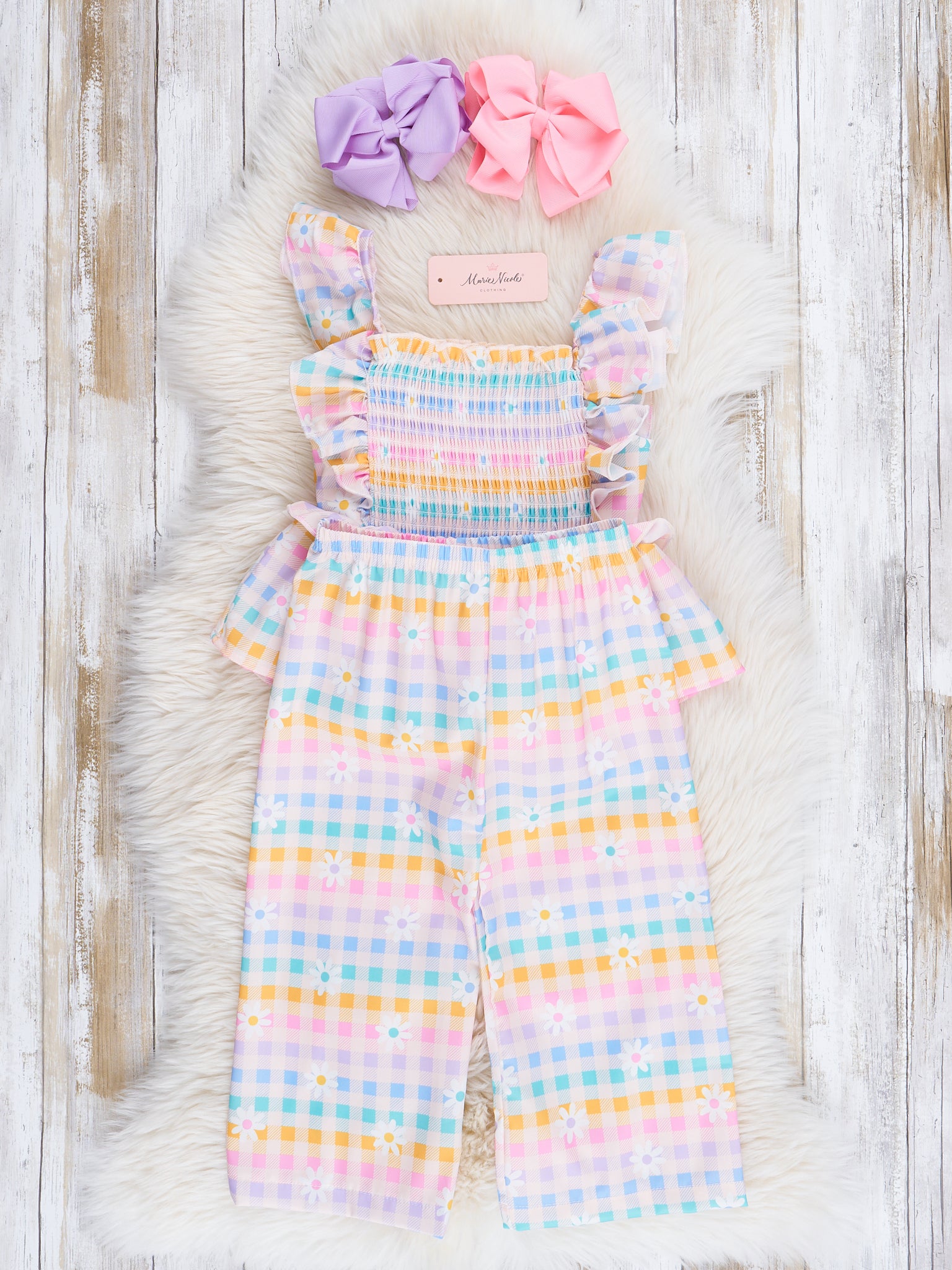Smocked Rainbow Stripes & Blooms Ruffle Outfit - Marie Nicole Clothing