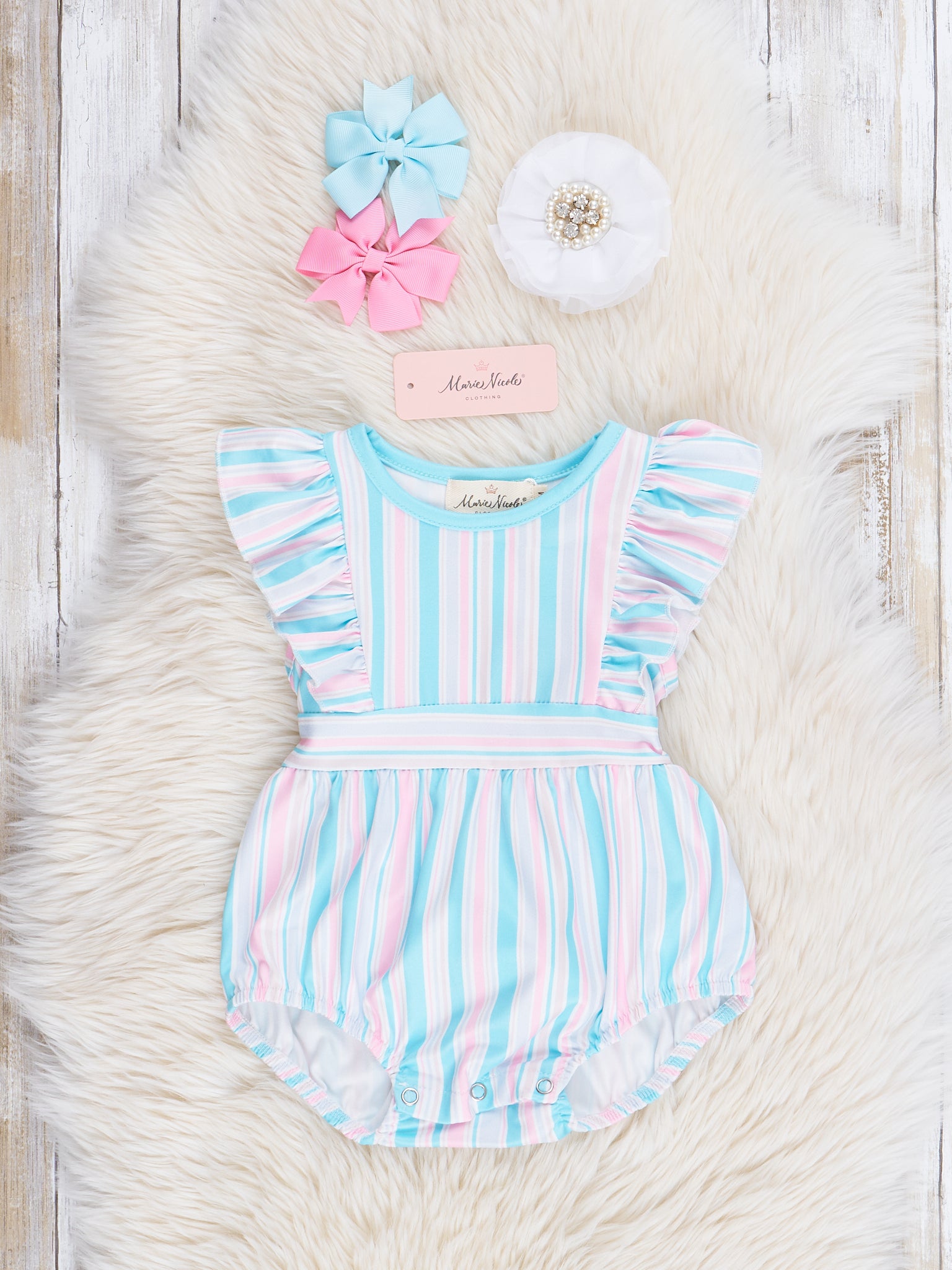 All The Pastels Striped Ruffle Bubble Romper - Marie Nicole Clothing