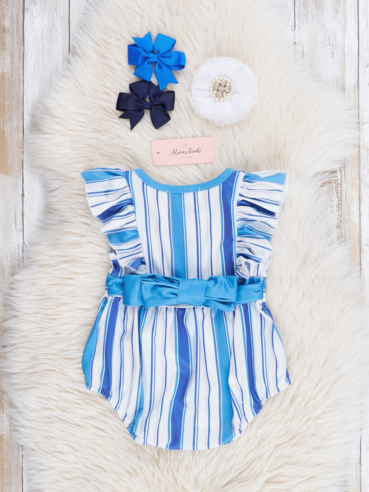 All The Blues Striped Ruffle Bubble Romper - Marie Nicole Clothing