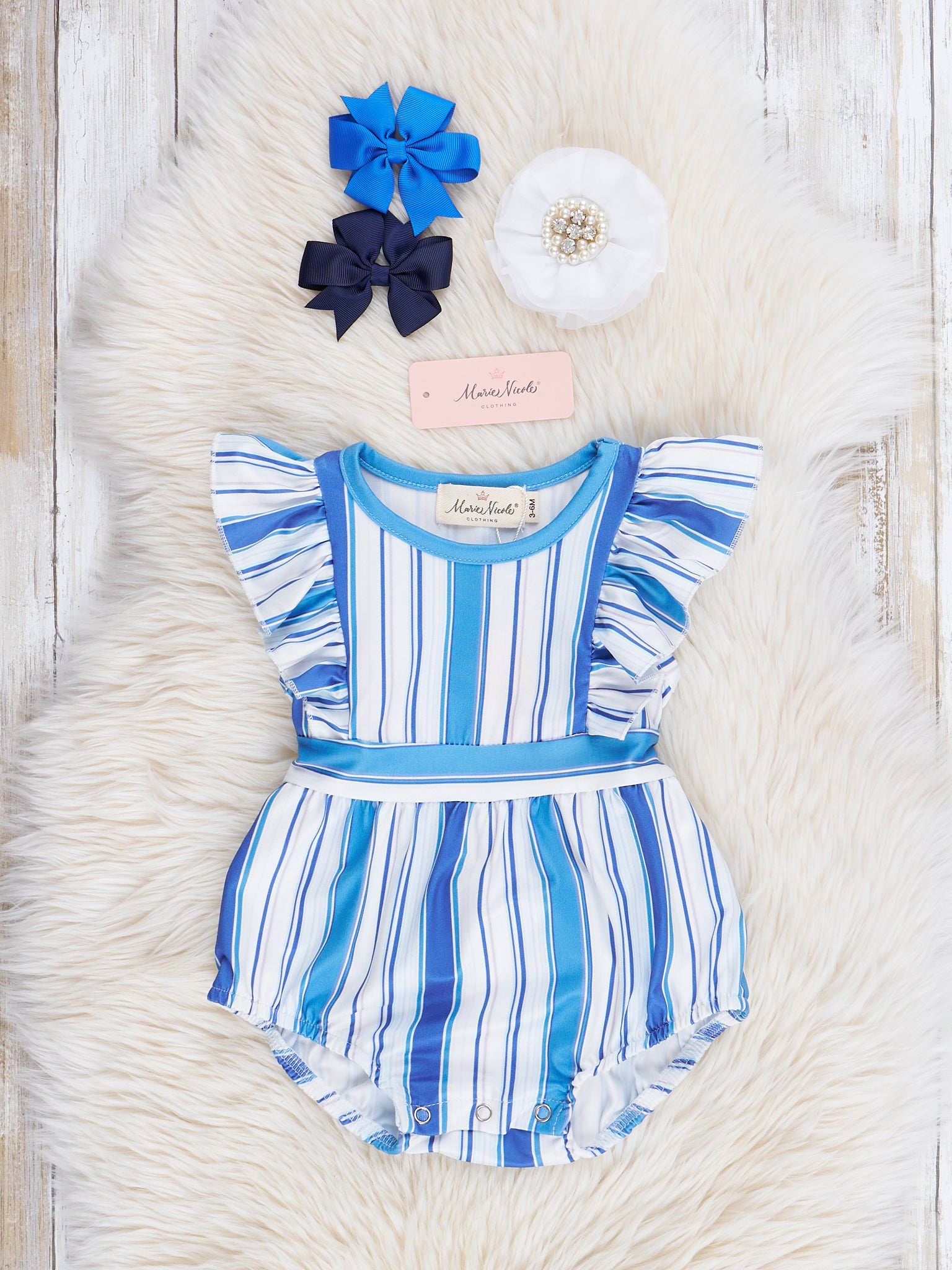 All The Blues Striped Ruffle Bubble Romper - Marie Nicole Clothing