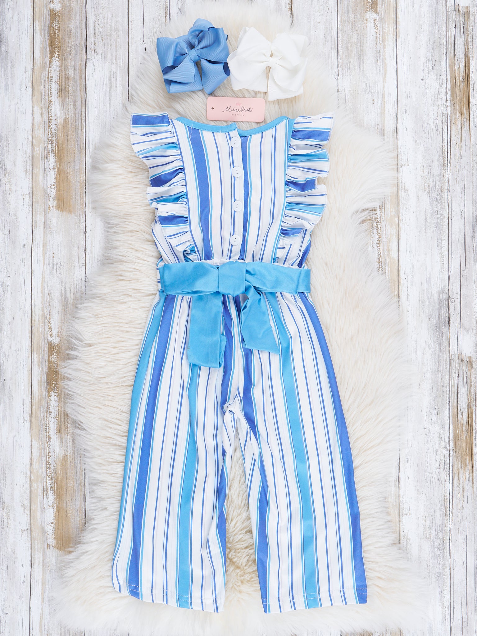 All The Blues Striped Ruffle Jumpsuit - Marie Nicole Clothing