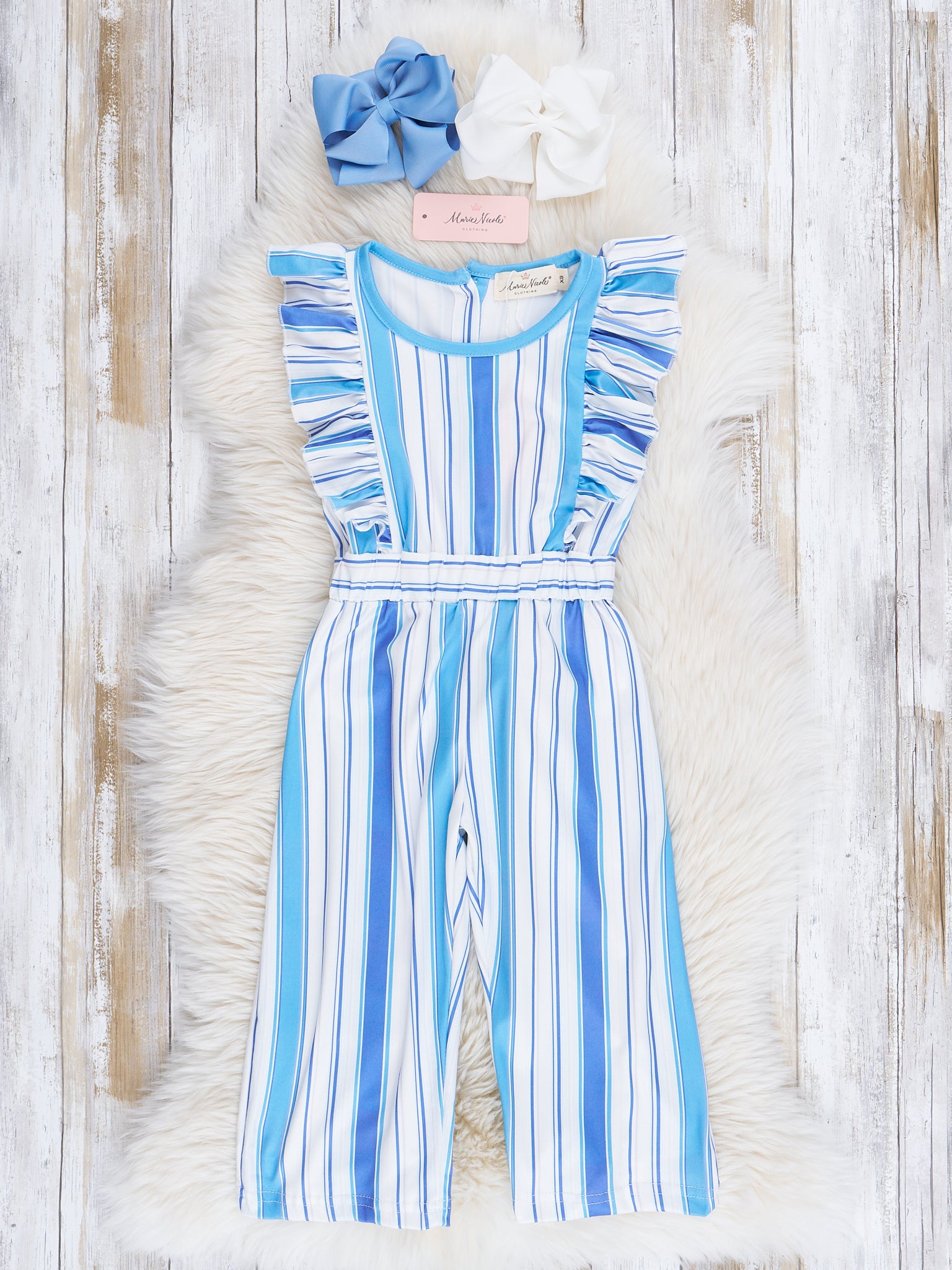 All The Blues Striped Ruffle Jumpsuit - Marie Nicole Clothing