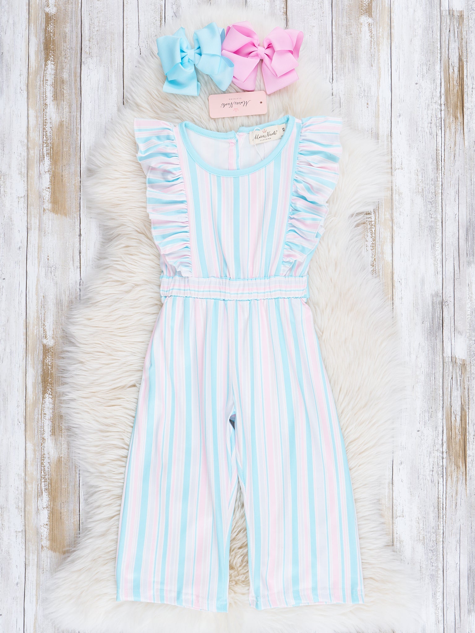 All The Pastels Stripe Ruffle Jumpsuit - Marie Nicole Clothing