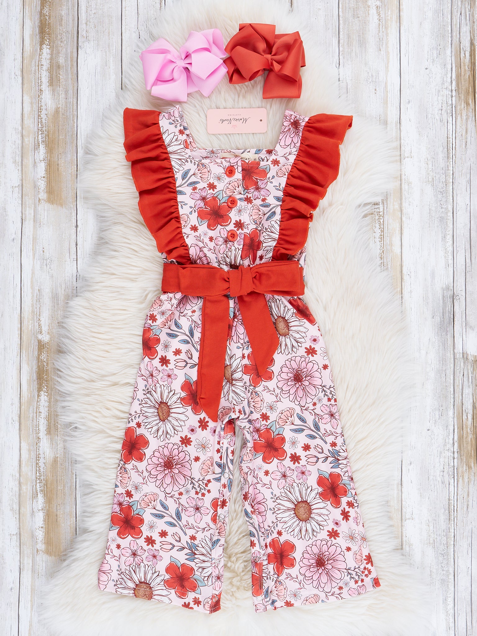 Burnt Orange Blossoms Ruffle Jumpsuit - Marie Nicole Clothing