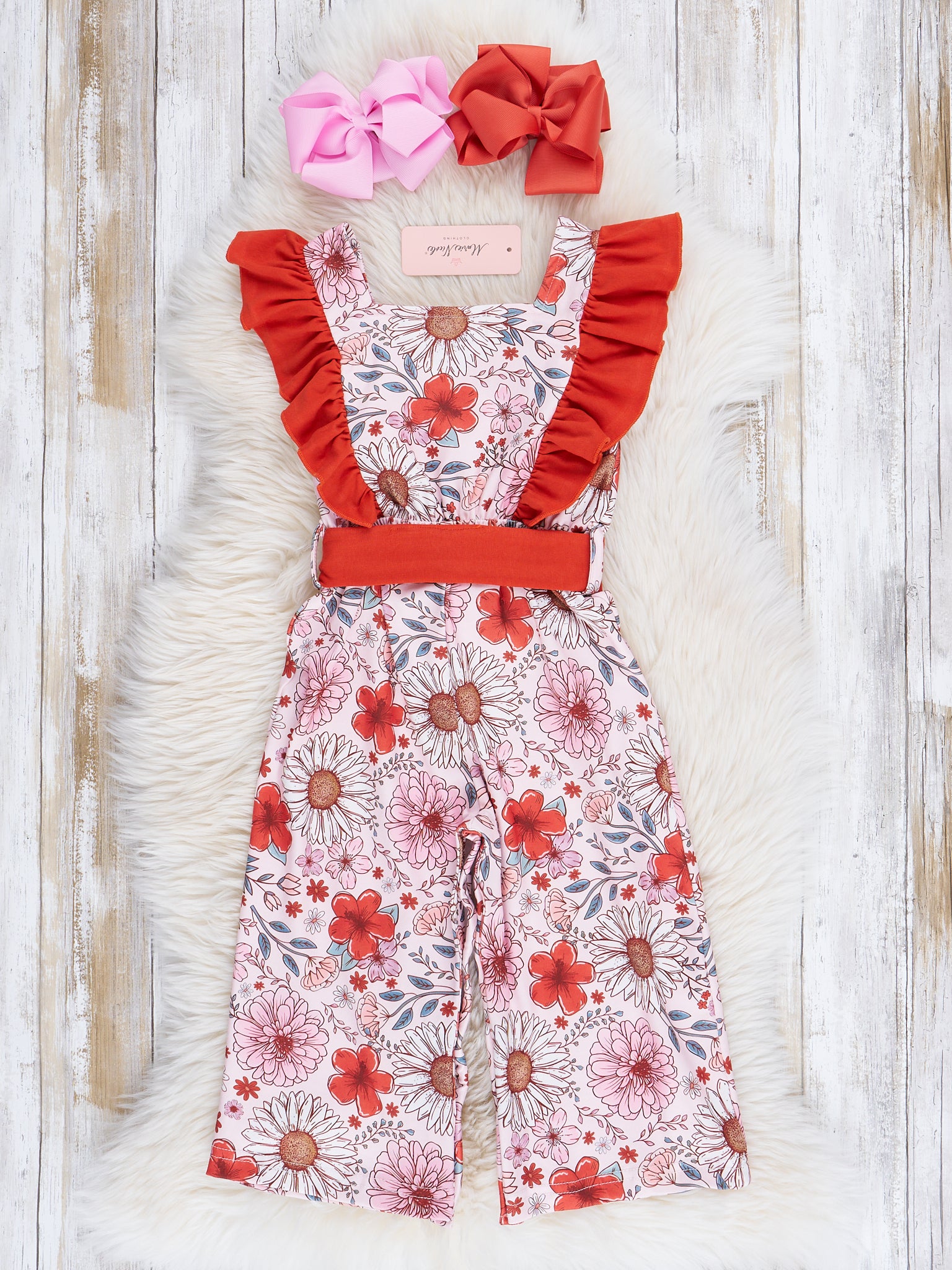 Burnt Orange Blossoms Ruffle Jumpsuit - Marie Nicole Clothing