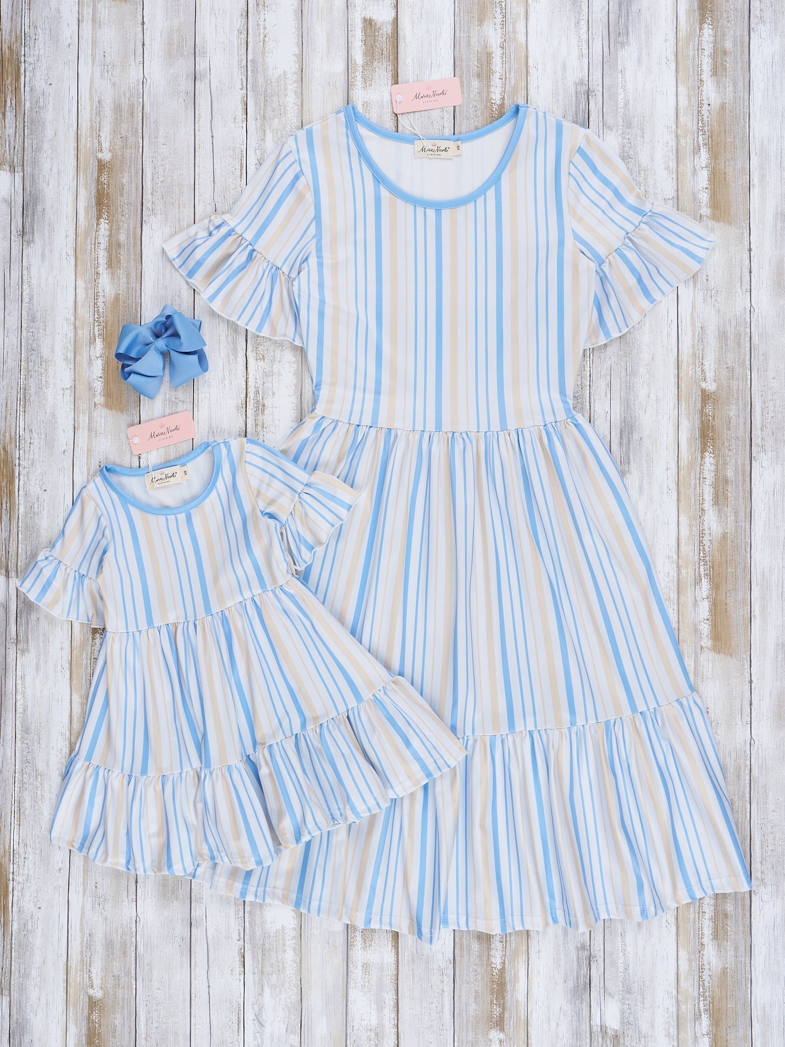 Mom & Me Cornflower Stripes Tiered Ruffle Dress - Marie Nicole Clothing