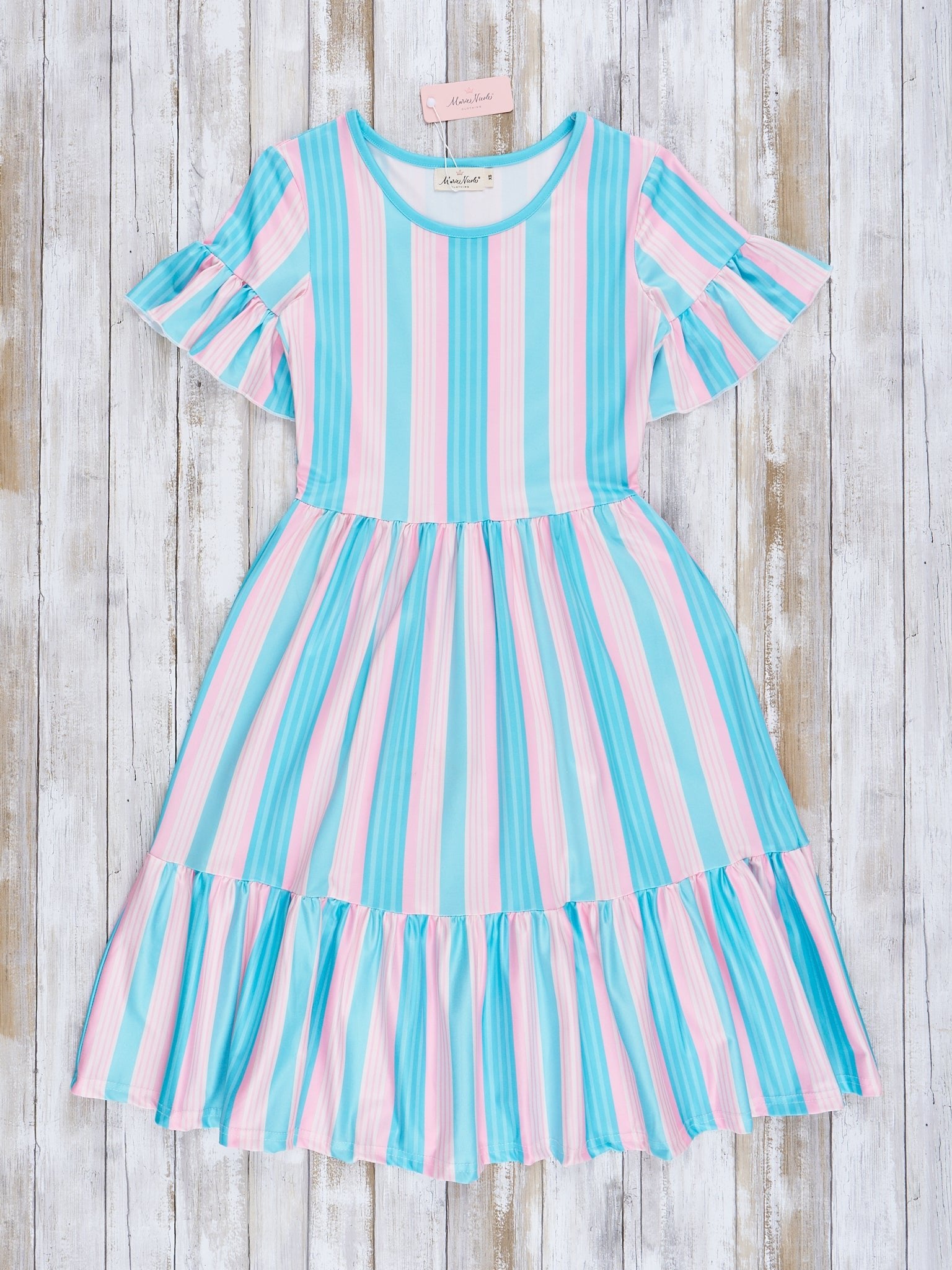 Mom & Me Teal Stripes Tiered Ruffle Dress - Marie Nicole Clothing