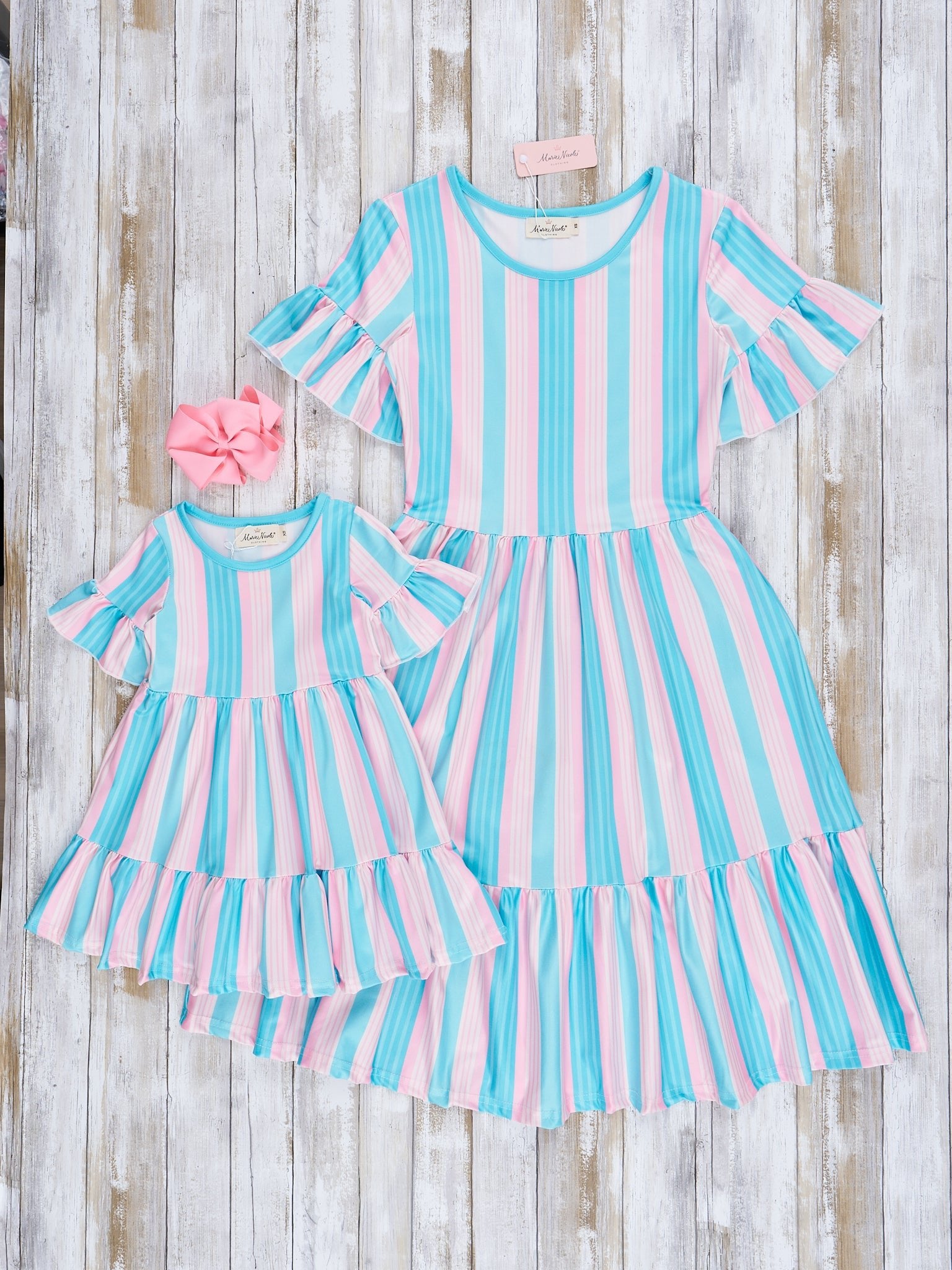 Mom & Me Teal Stripes Tiered Ruffle Dress - Marie Nicole Clothing
